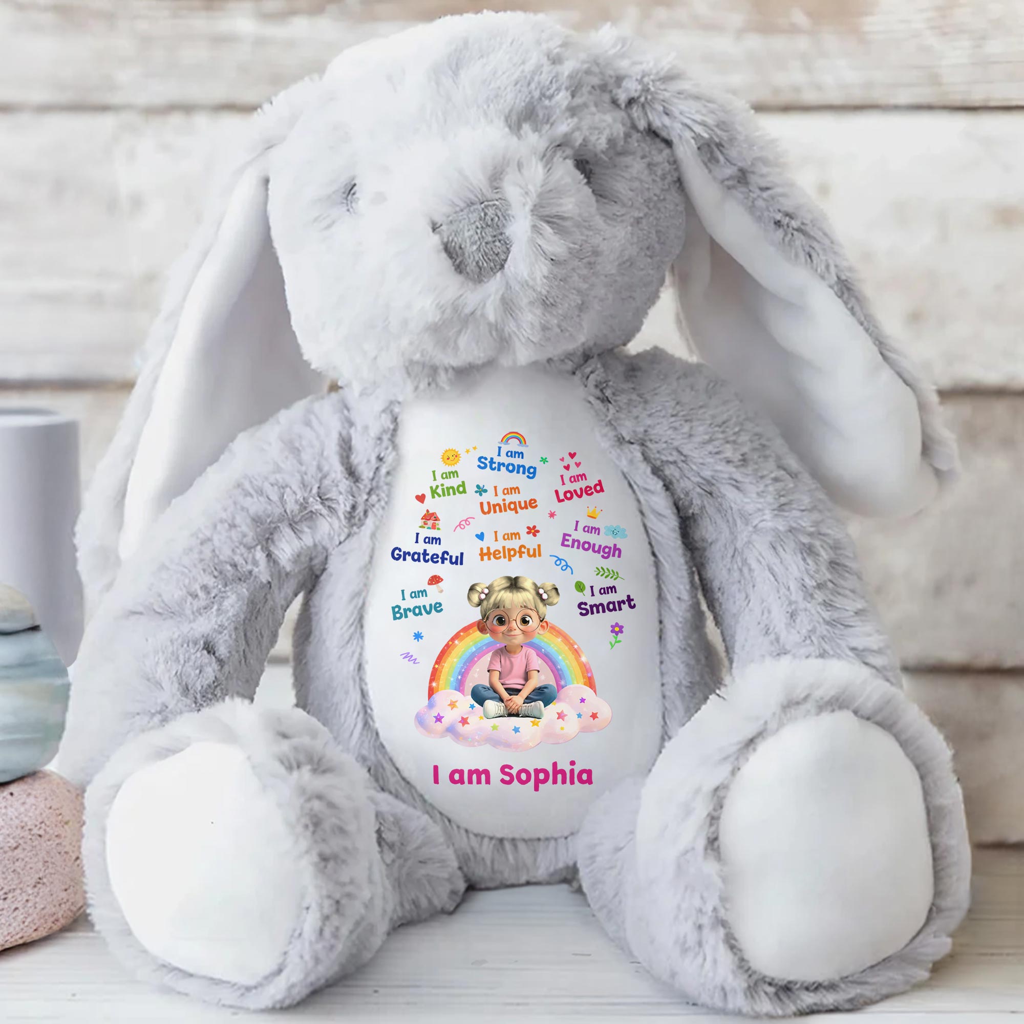 I Am Strong Kind Unique Rainbow Girl Affirmations - Personalized Stuffed Bunny - KID639_BUN