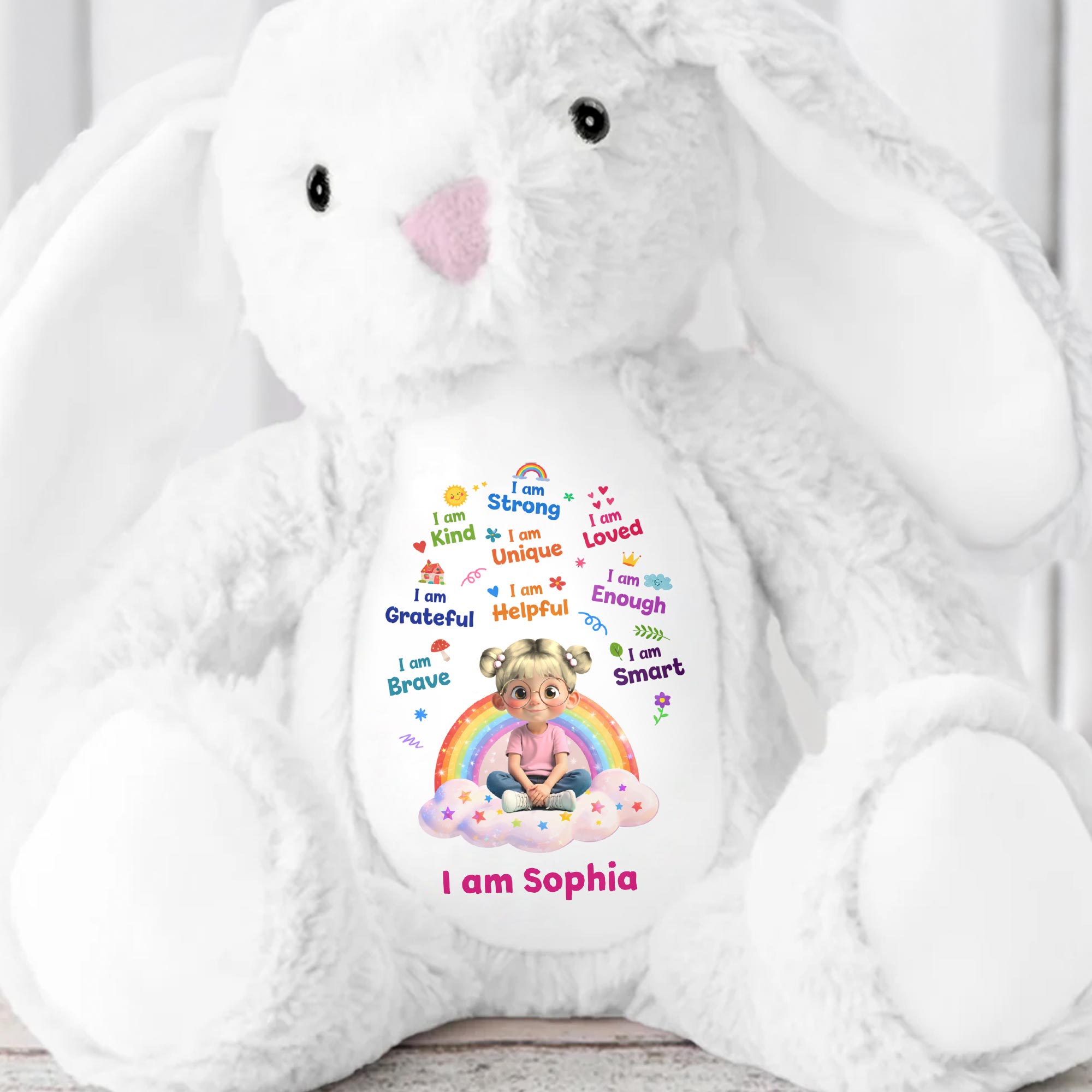 I Am Strong Kind Unique Rainbow Girl Affirmations - Personalized Stuffed Bunny - KID639_BUN