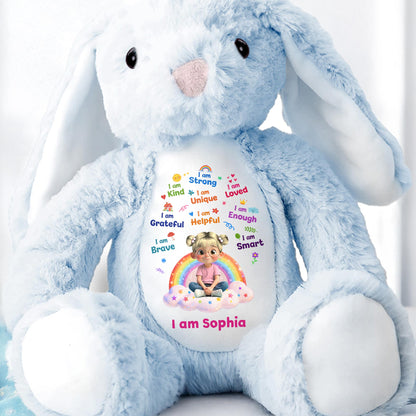 I Am Strong Kind Unique Rainbow Girl Affirmations - Personalized Stuffed Bunny - KID639_BUN