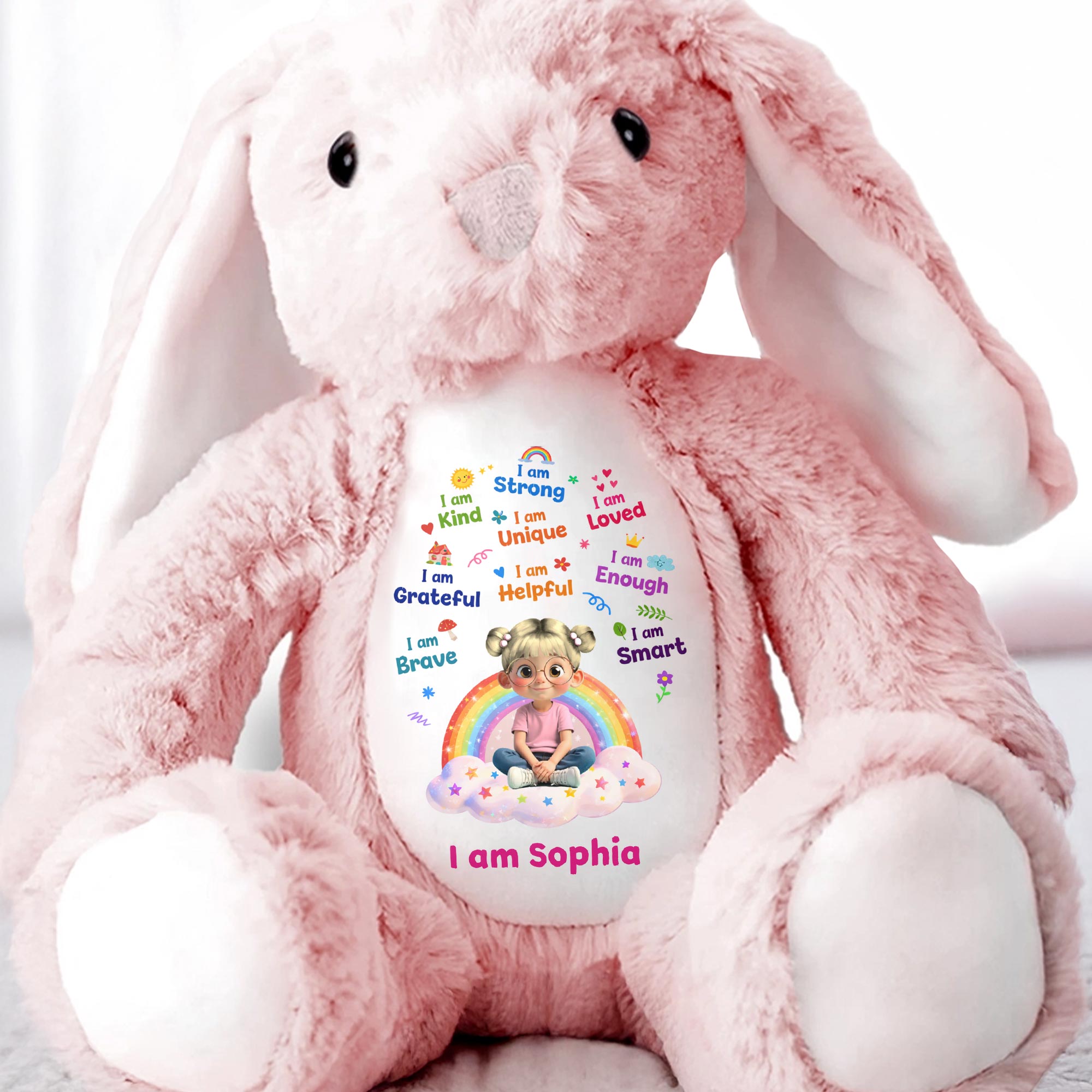 I Am Strong Kind Unique Rainbow Girl Affirmations - Personalized Stuffed Bunny - KID639_BUN