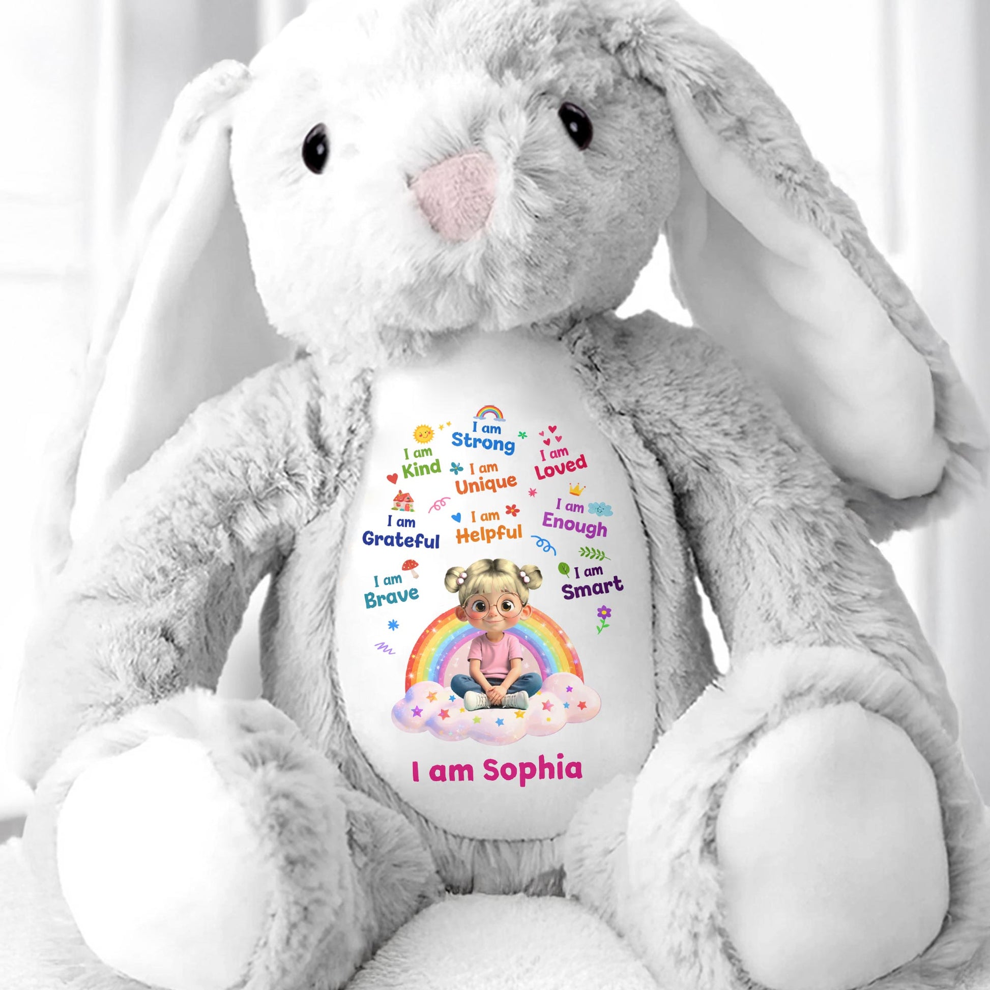 I Am Strong Kind Unique Rainbow Girl Affirmations - Personalized Stuffed Bunny - KID639_BUN