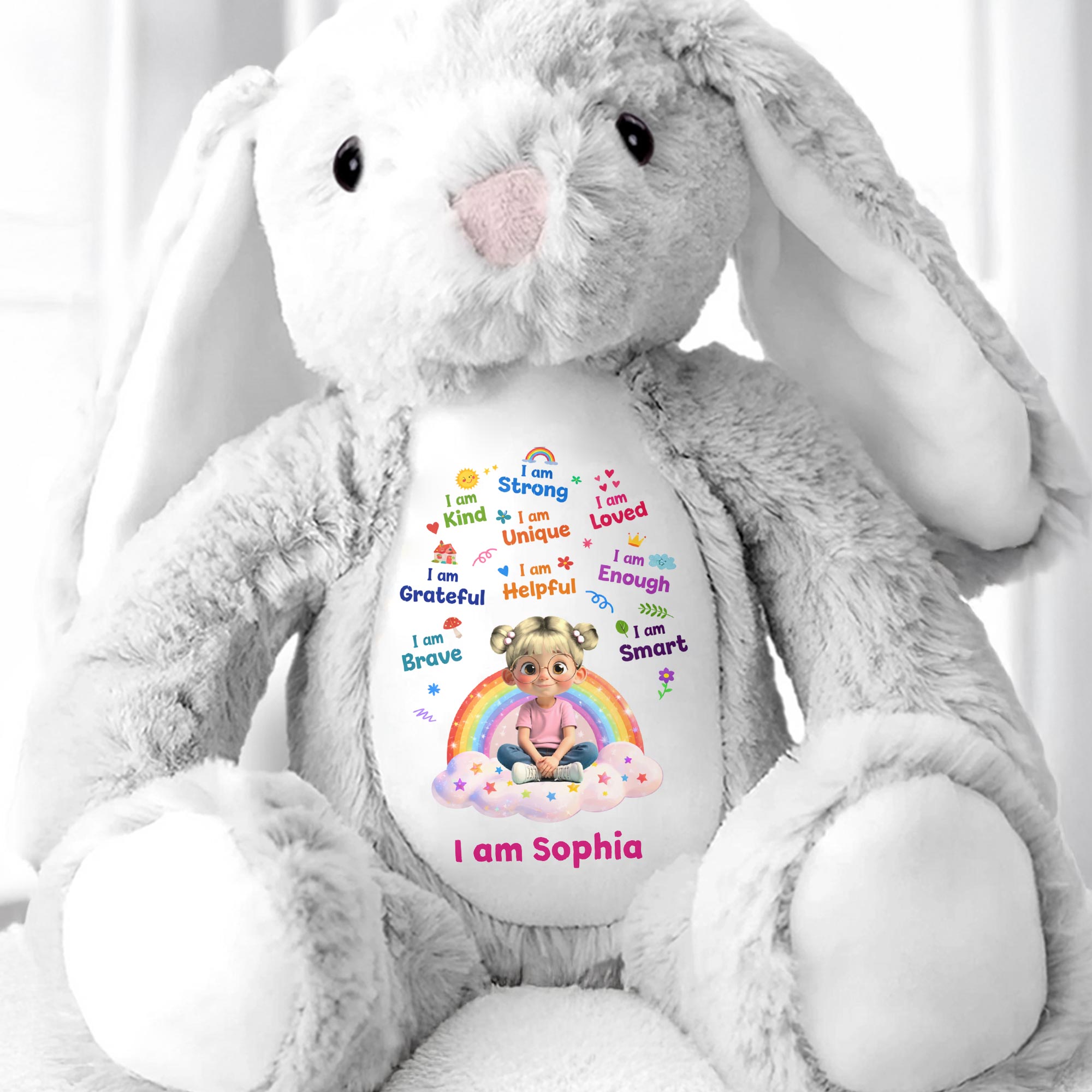 I Am Strong Kind Unique Rainbow Girl Affirmations - Personalized Stuffed Bunny - KID639_BUN