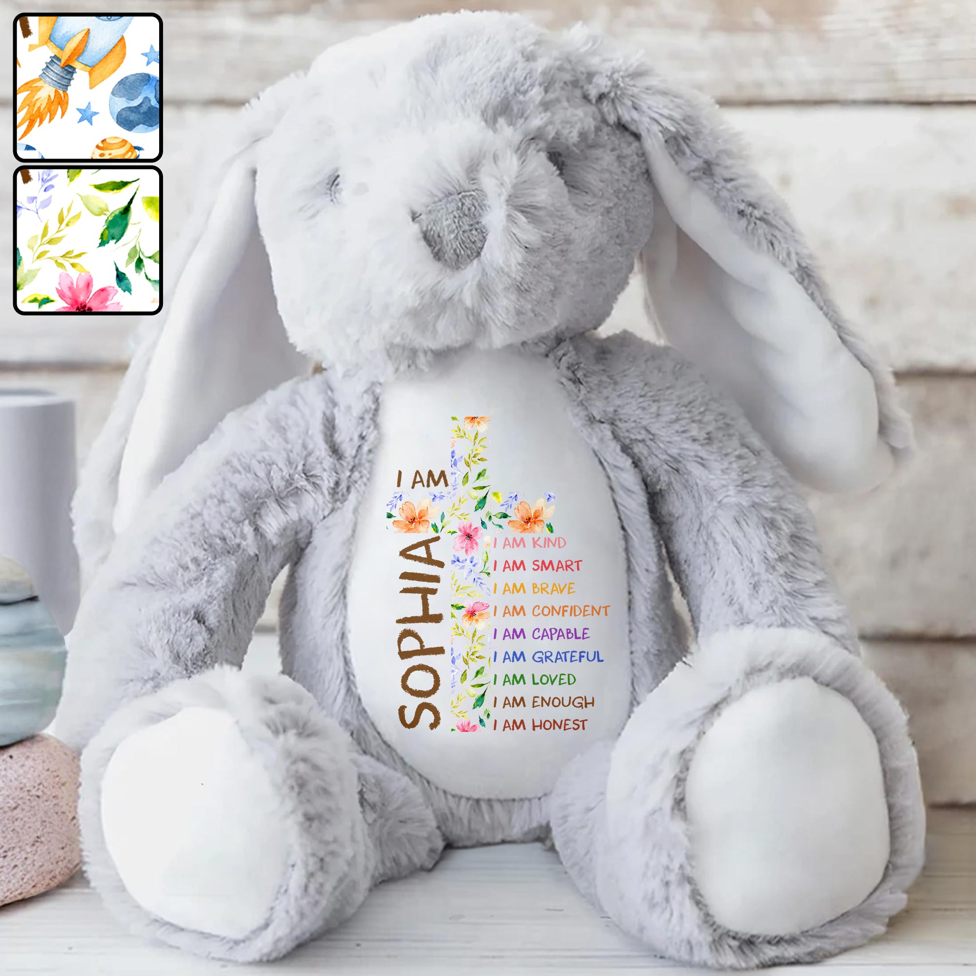 I Am Kind Affirmations Floral Cross Flowers - Personalized Stuffed Bunny - KID677_BUN