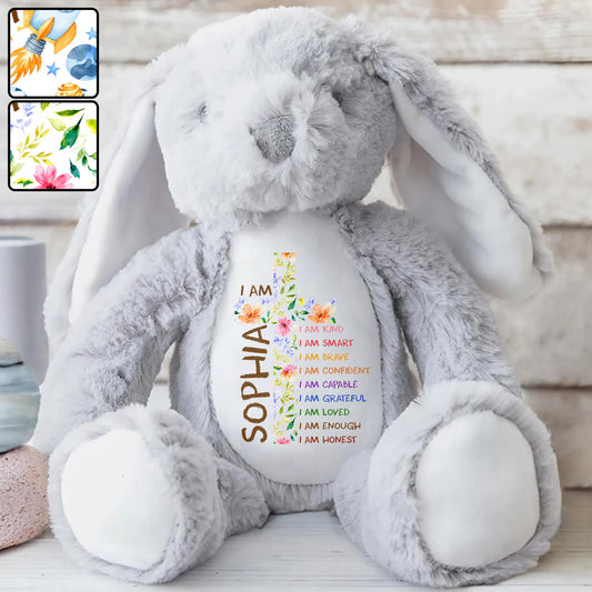 I Am Kind Affirmations Floral Cross Flowers - Personalized Stuffed Bunny - KID677_BUN