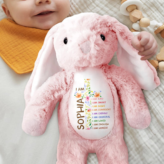 I Am Kind Affirmations Floral Cross Flowers - Personalized Stuffed Bunny - KID677_BUN
