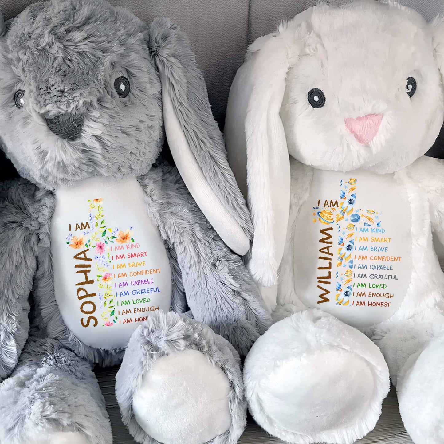 I Am Kind Affirmations Floral Cross Flowers - Personalized Stuffed Bunny - KID677_BUN