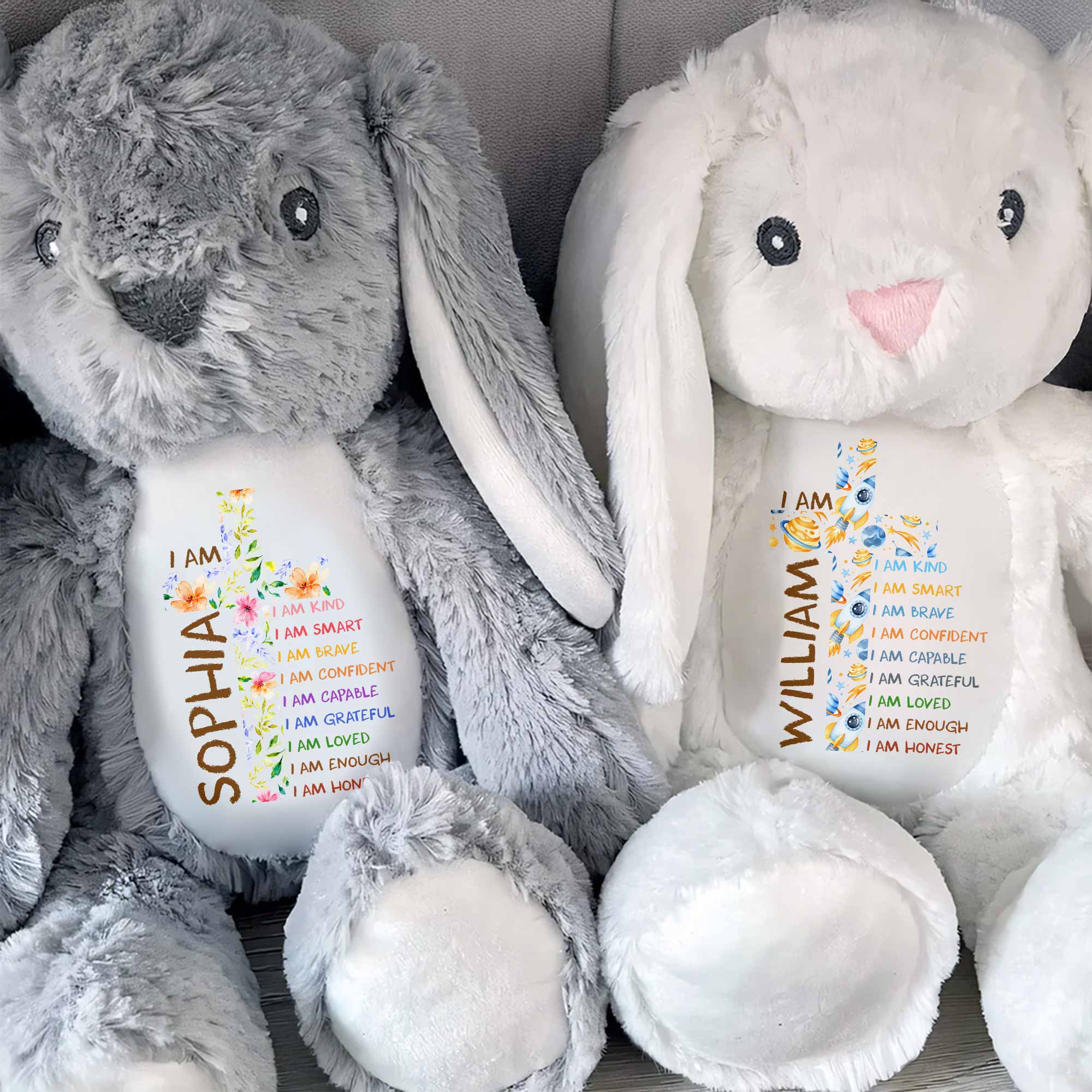 I Am Kind Affirmations Floral Cross Flowers - Personalized Stuffed Bunny - KID677_BUN