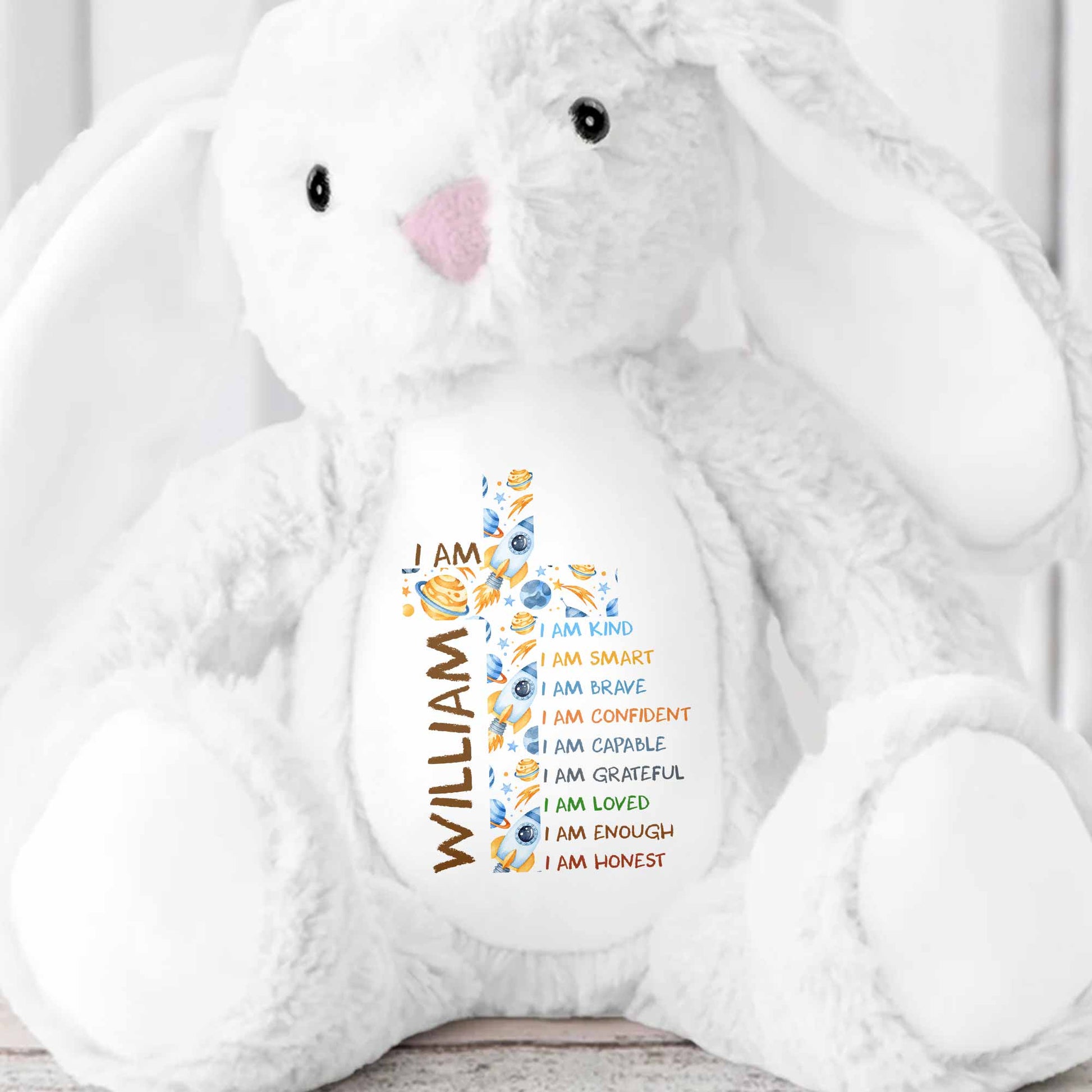 I Am Kind Affirmations Floral Cross Flowers - Personalized Stuffed Bunny - KID677_BUN