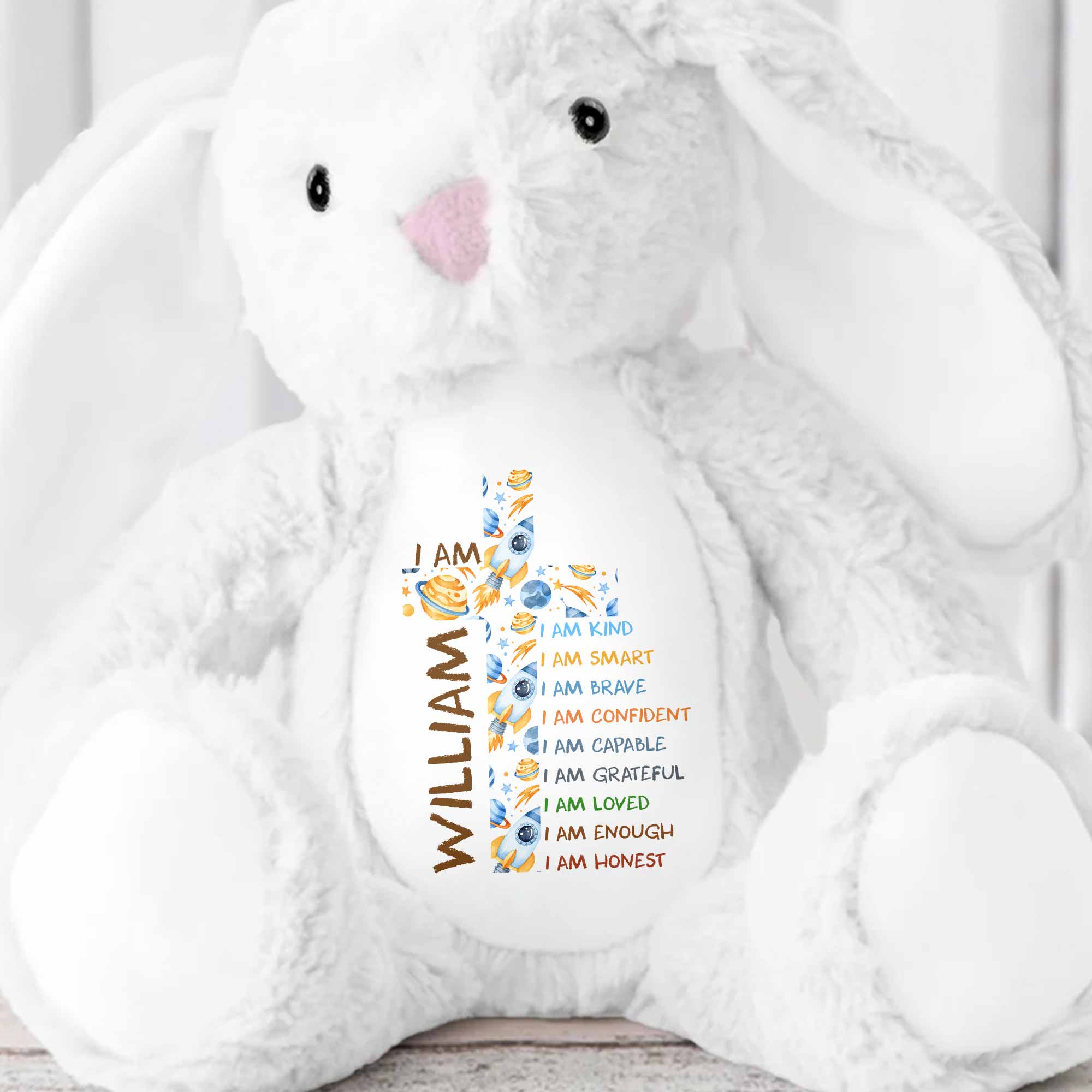 I Am Kind Affirmations Floral Cross Flowers - Personalized Stuffed Bunny - KID677_BUN