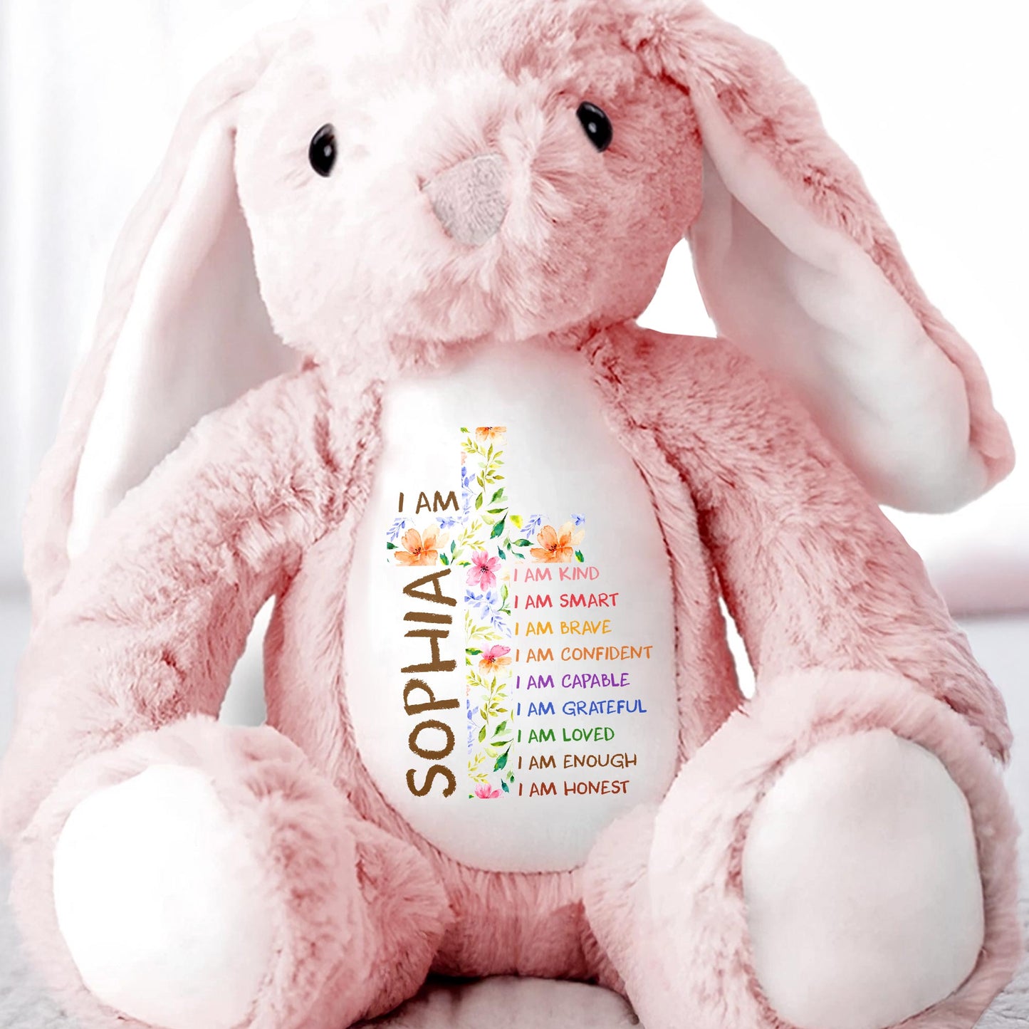 I Am Kind Affirmations Floral Cross Flowers - Personalized Stuffed Bunny - KID677_BUN