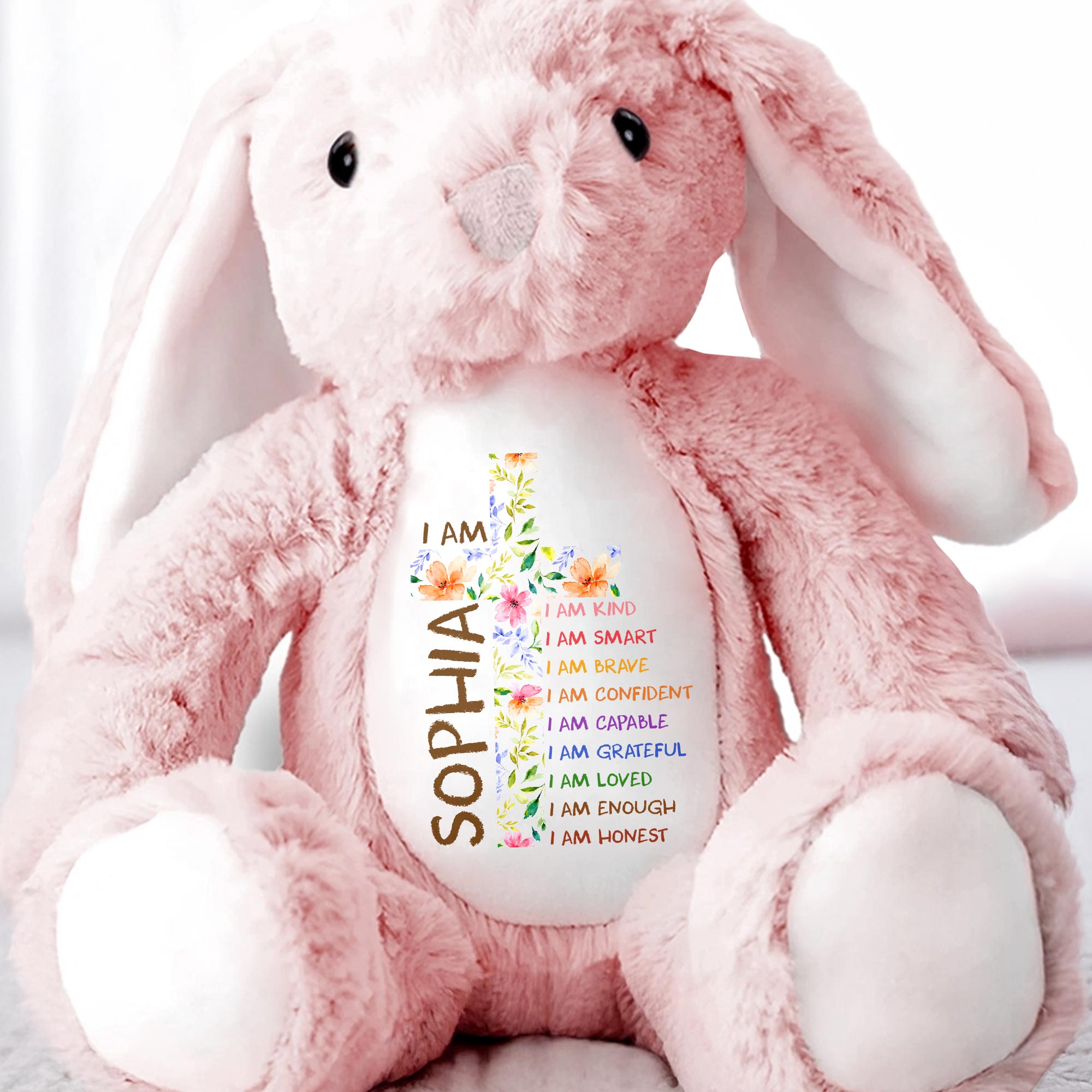 I Am Kind Affirmations Floral Cross Flowers - Personalized Stuffed Bunny - KID677_BUN