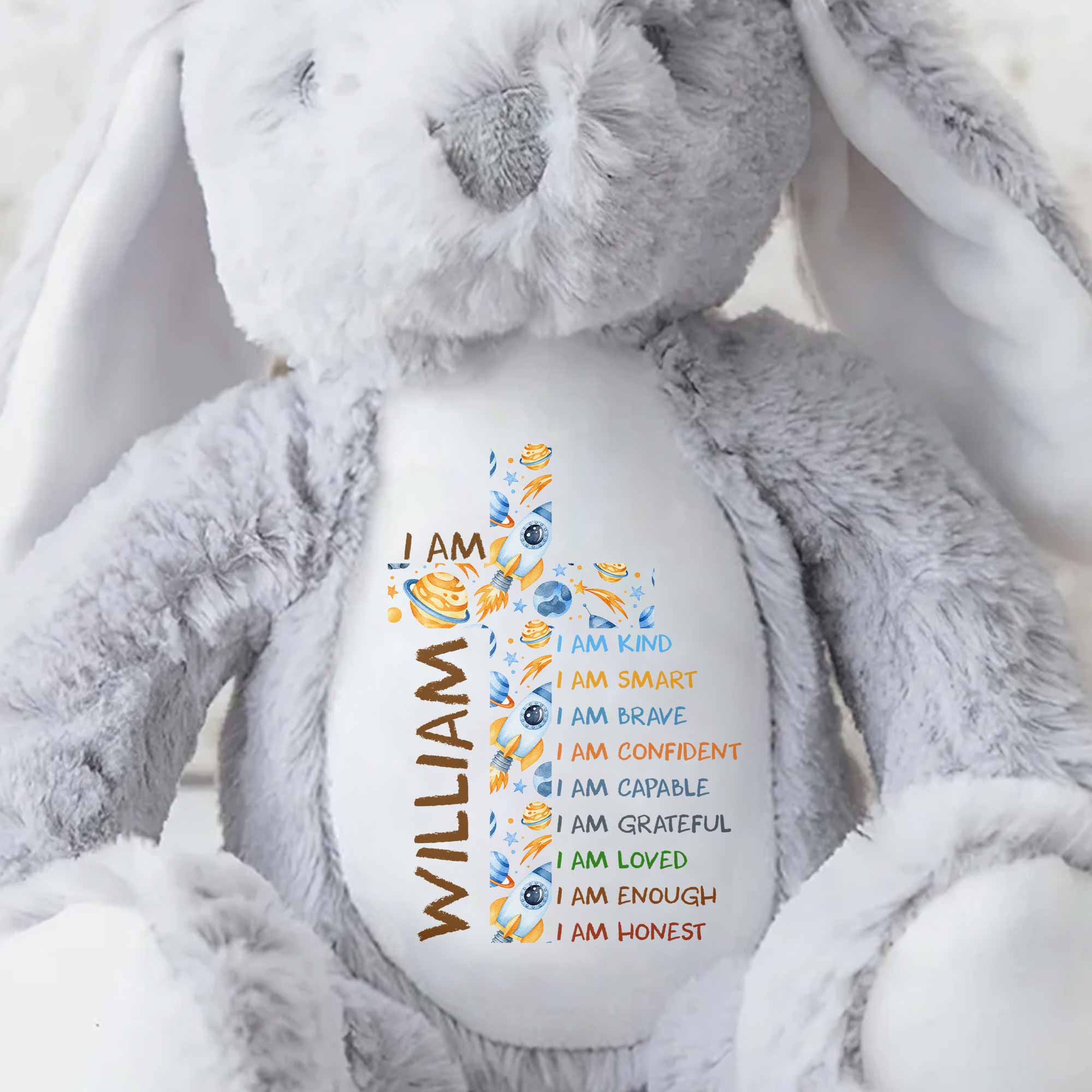 I Am Kind Affirmations Floral Cross Flowers - Personalized Stuffed Bunny - KID677_BUN