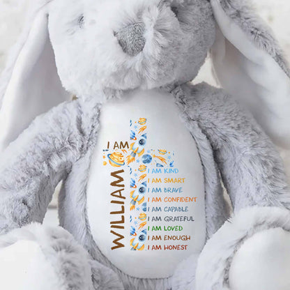 I Am Kind Affirmations Floral Cross Flowers - Personalized Stuffed Bunny - KID677_BUN