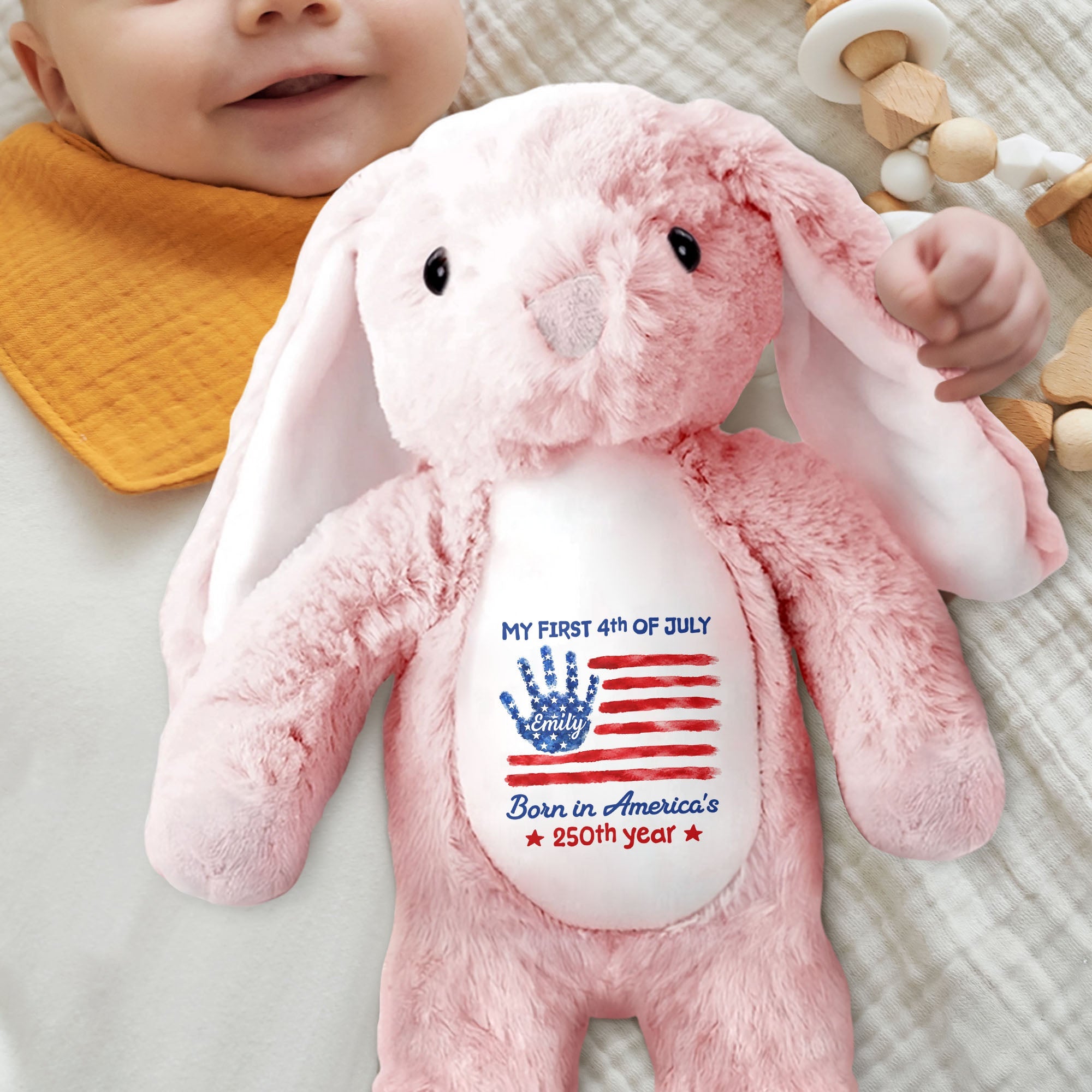 My First 4th Of July Born In America's 250th Year Handprint Flag - Personalized Stuffed Bunny - KID732_BUN