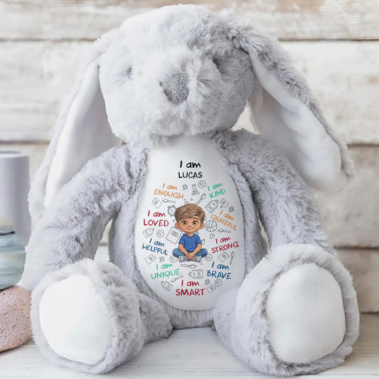 I Am Kind Loved And Smart With Custom Boy Character And Affirmations - Personalized Stuffed Bunny - KID780_BUN