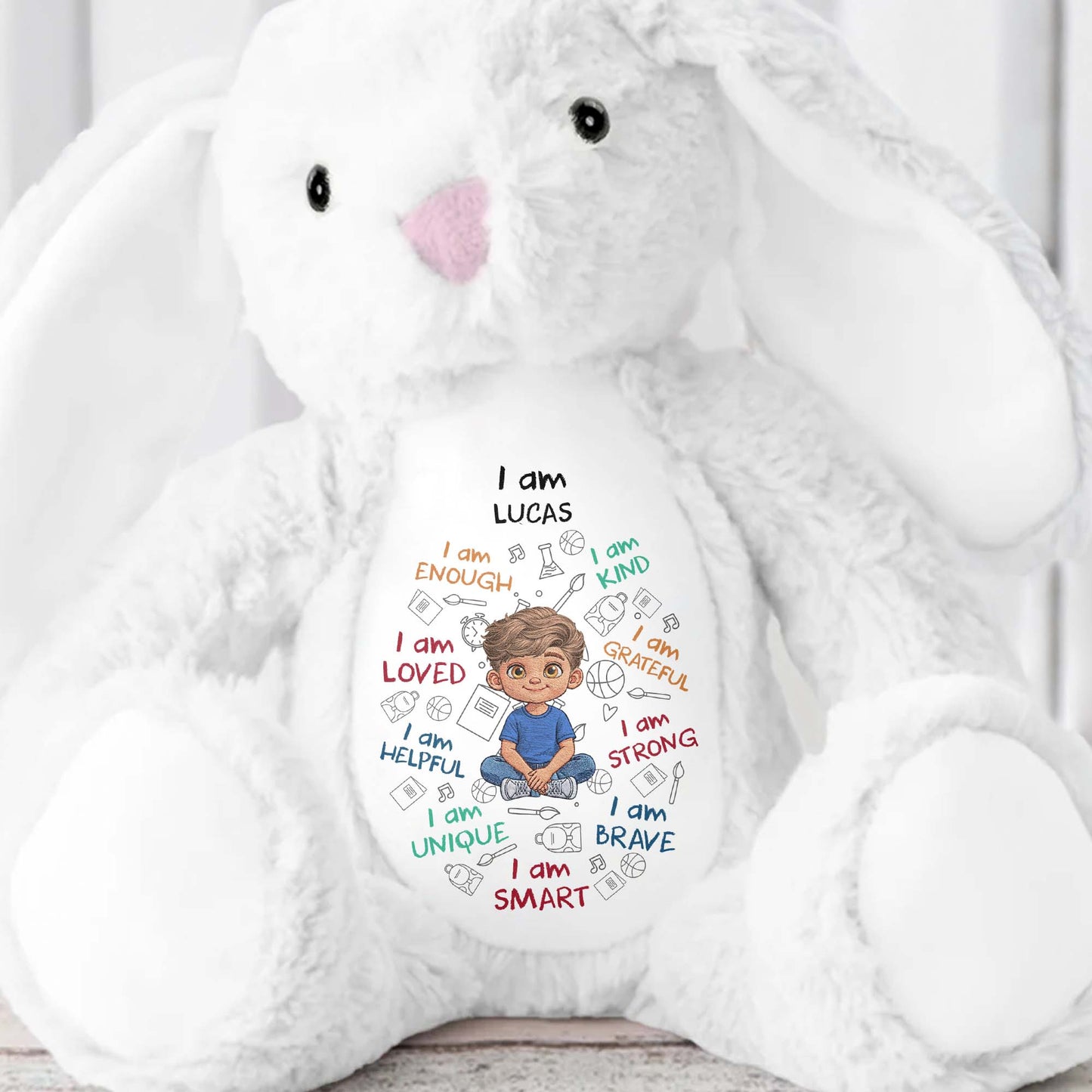I Am Kind Loved And Smart With Custom Boy Character And Affirmations - Personalized Stuffed Bunny - KID780_BUN