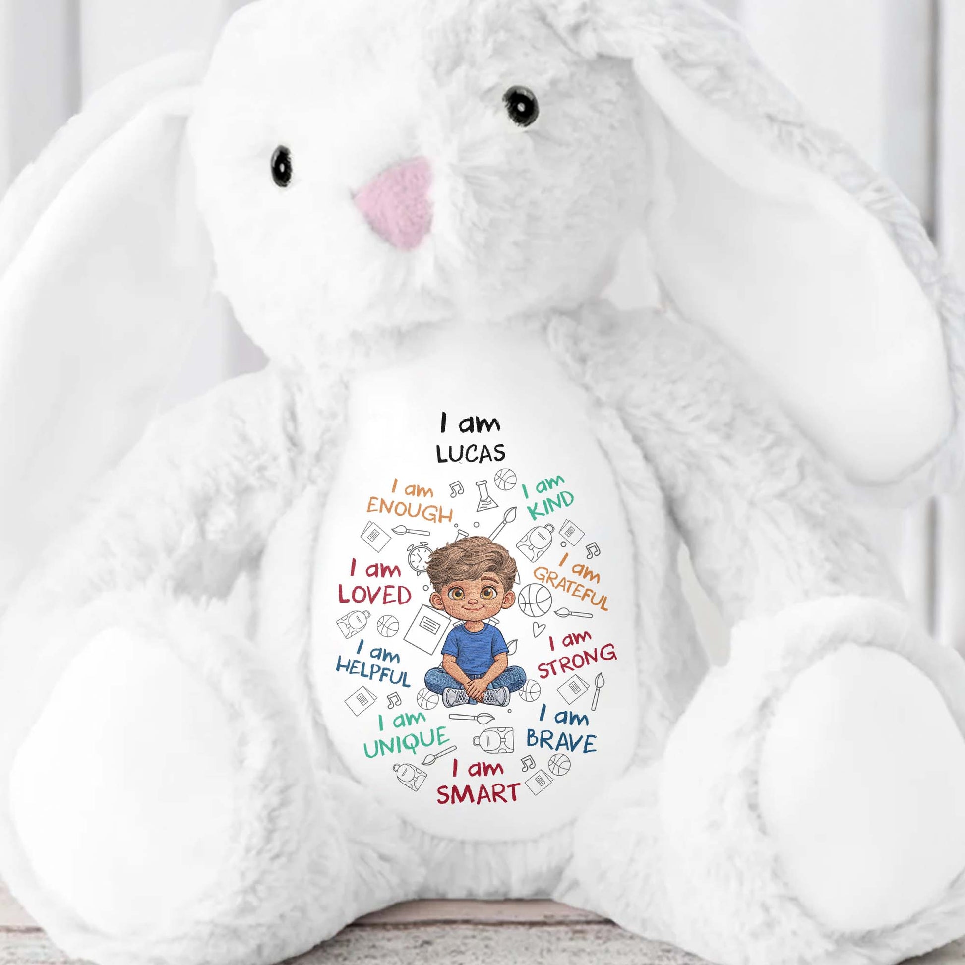 I Am Kind Loved And Smart With Custom Boy Character And Affirmations - Personalized Stuffed Bunny - KID780_BUN
