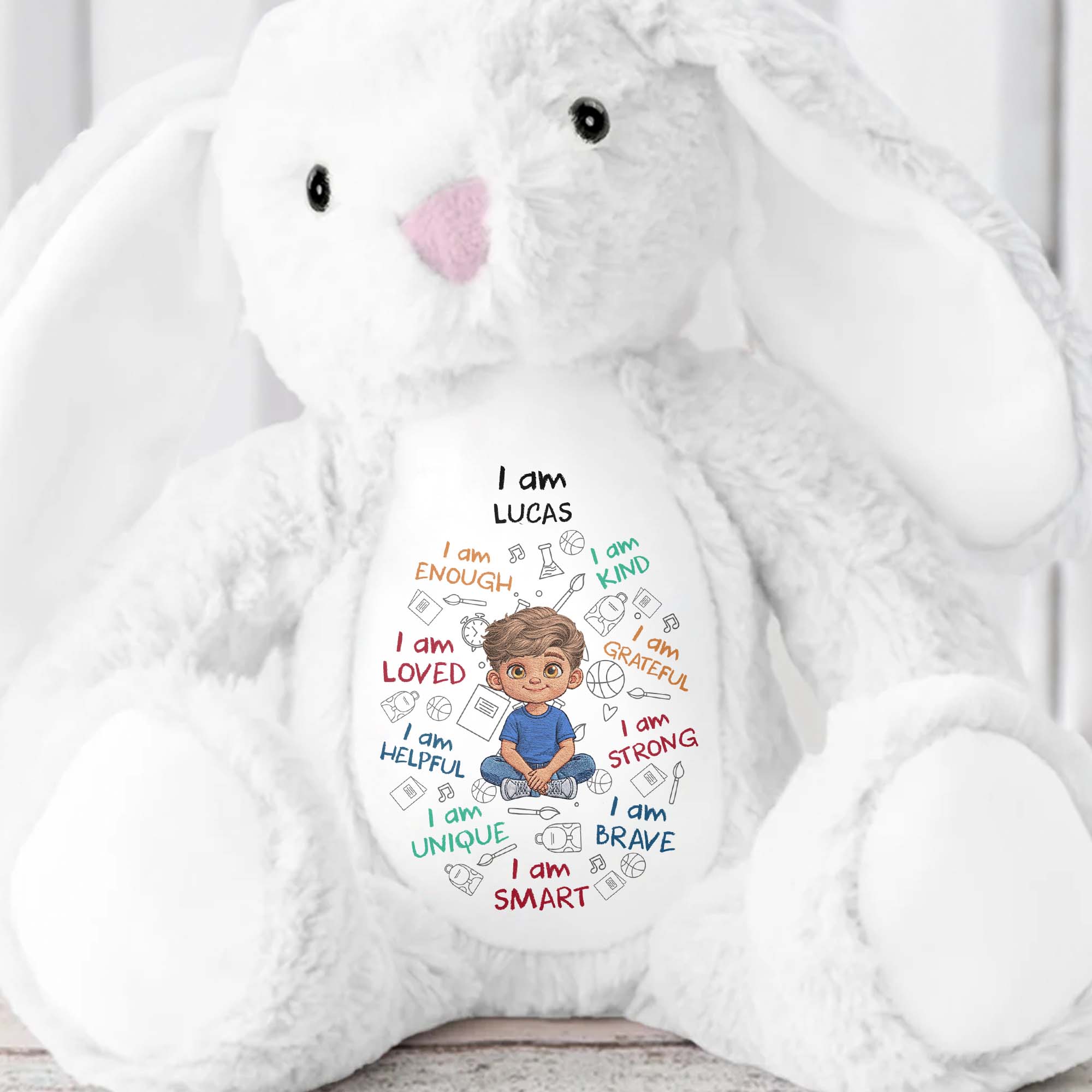 I Am Kind Loved And Smart With Custom Boy Character And Affirmations - Personalized Stuffed Bunny - KID780_BUN