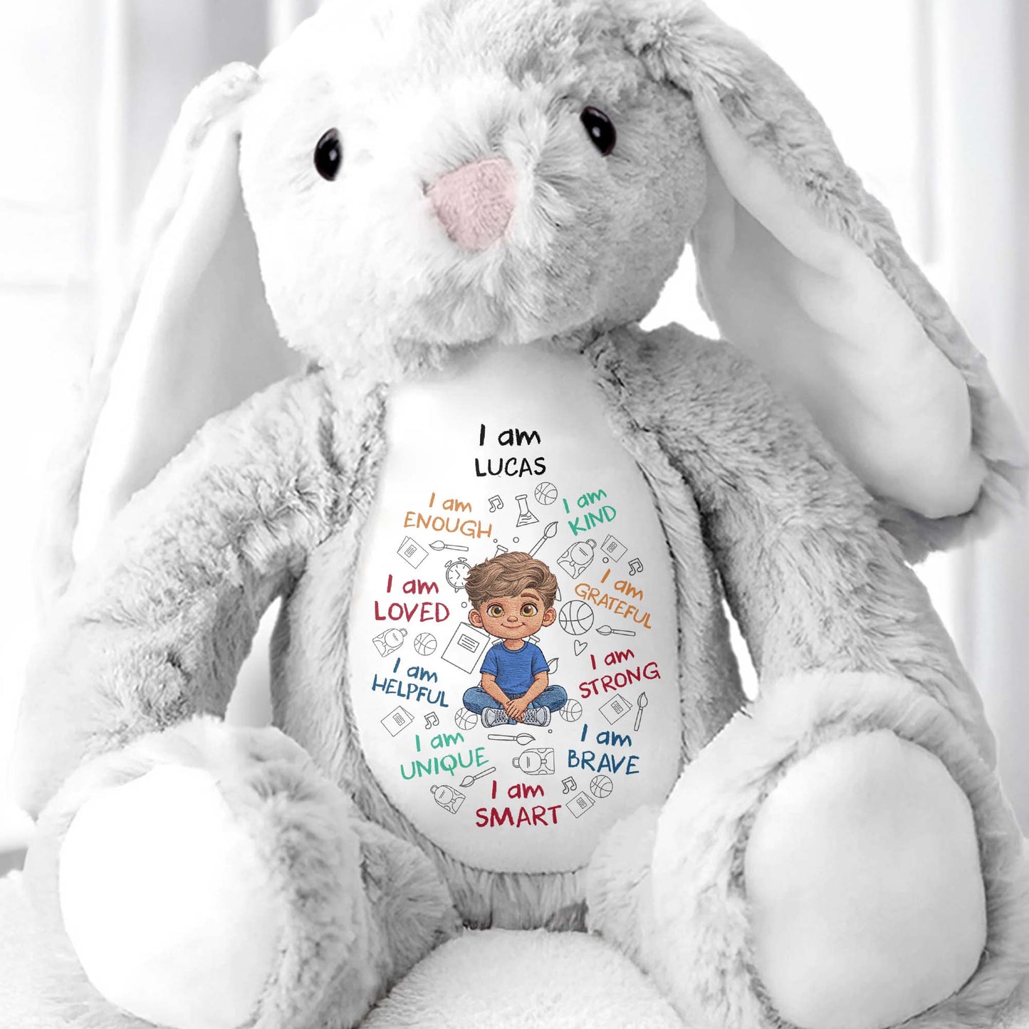 I Am Kind Loved And Smart With Custom Boy Character And Affirmations - Personalized Stuffed Bunny - KID780_BUN