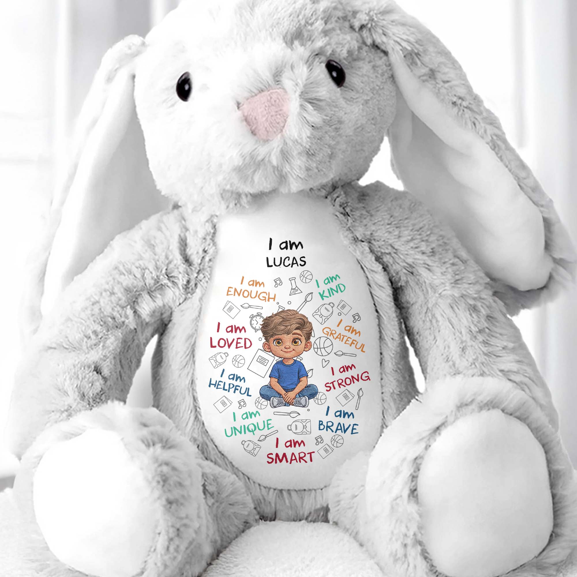 I Am Kind Loved And Smart With Custom Boy Character And Affirmations - Personalized Stuffed Bunny - KID780_BUN