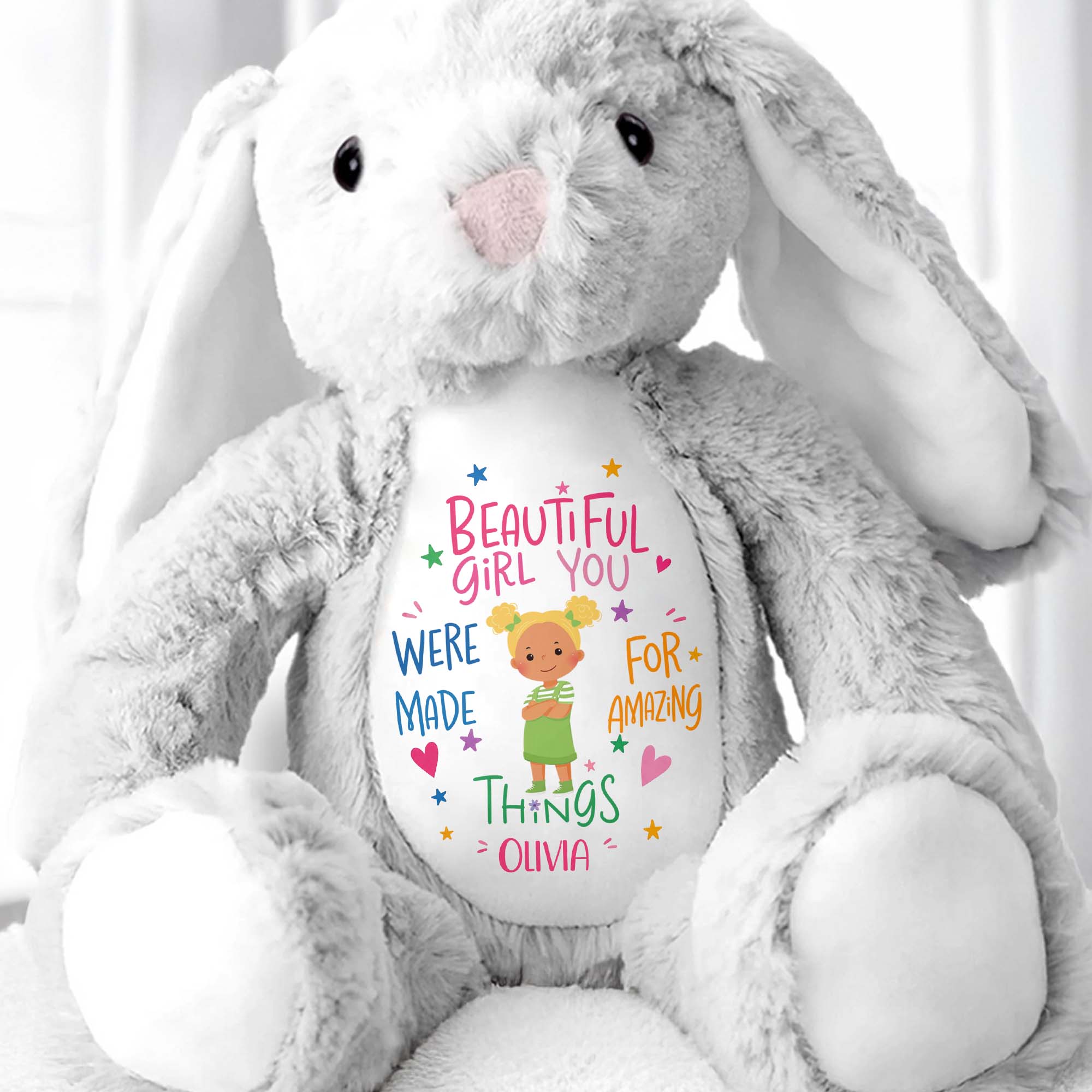 Beautiful Girl You Were Made For Amazing Things With Little Girl And Stars - Personalized Stuffed Bunny - KID827_BUN