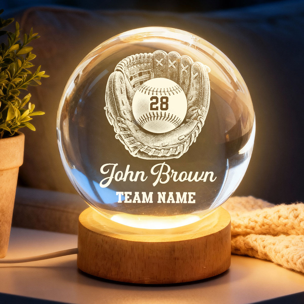 Proud Baseball Player Custom Name And Number - Personalized Crystal Ball LED Night Light