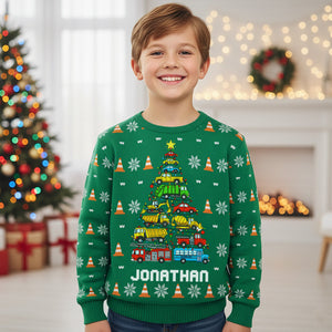 Kid Christmas Tree Construction And Dinosaur Personalized Ugly Sweater 2