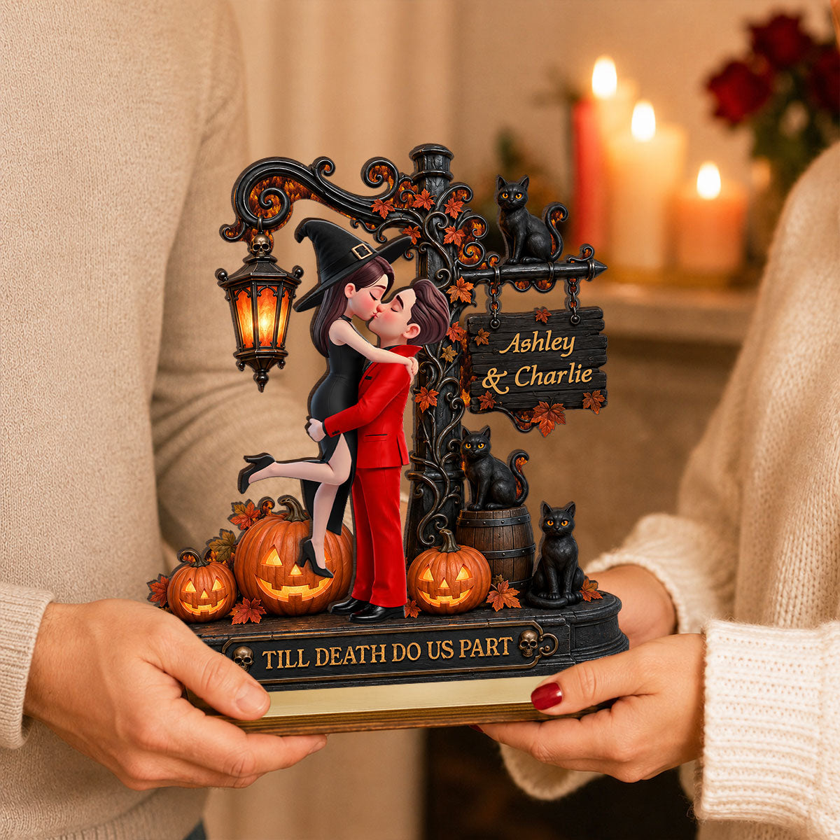 Till Death Do Us Part Kissing Couple - Personalized 2-Layered Wooden Plaque - Halloween Fall Decor for Her