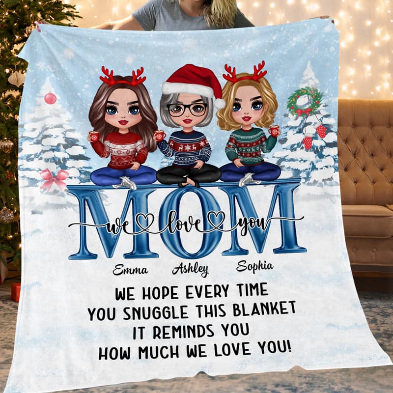 Doll Mom Children Sitting On Word In Snow For Mom Personalized Blanket