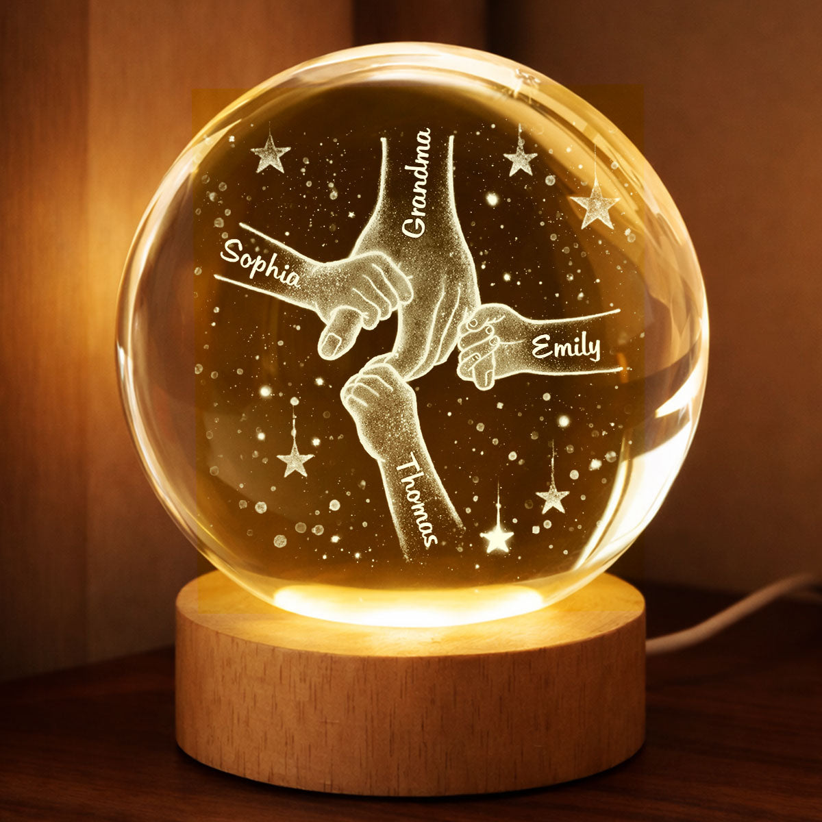 Mom Grandma Kids Holding Hands - Personalized Crystal Ball LED Night Light