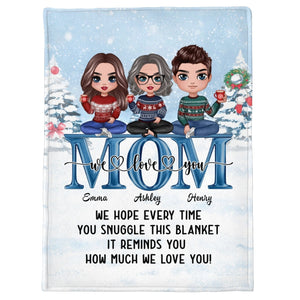 Doll Mom Children Sitting On Word In Snow For Mom Personalized Blanket