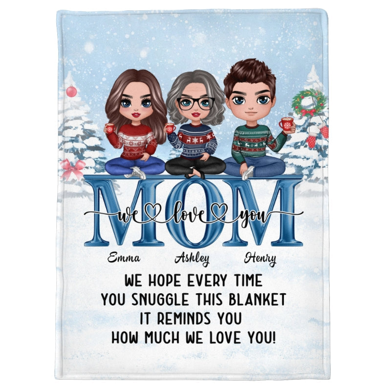 Doll Mom Children Sitting On Word In Snow For Mom Personalized Blanket