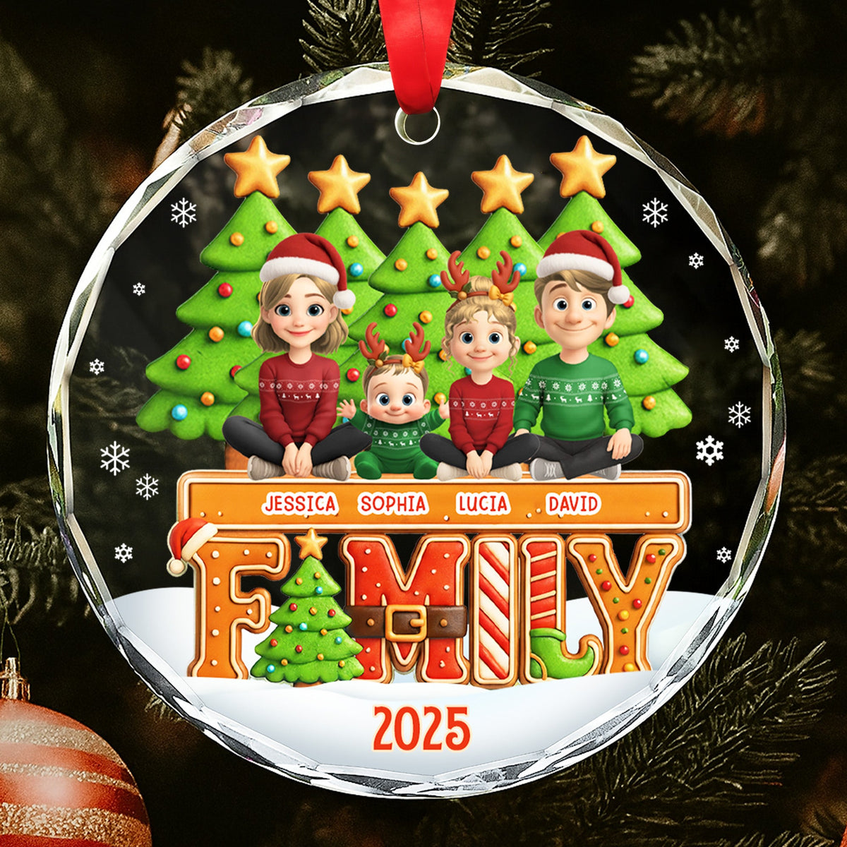 Celebrate Your Family This Christmas With Festive Trees And Stars - Personalized Circle Glass Ornament