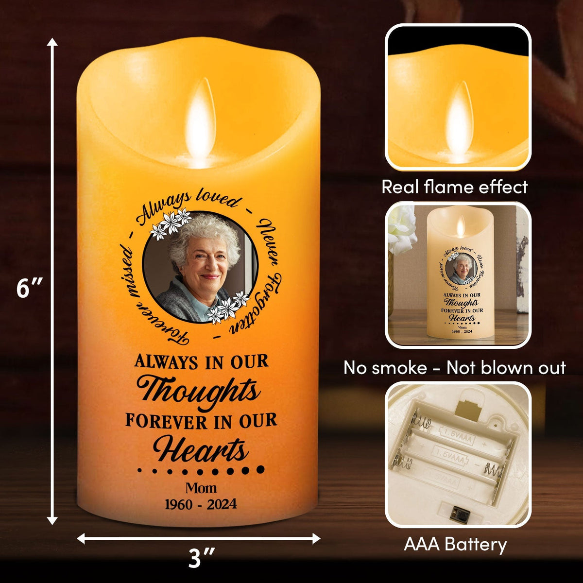 Always In Our Thoughts personalized LED memorial candle