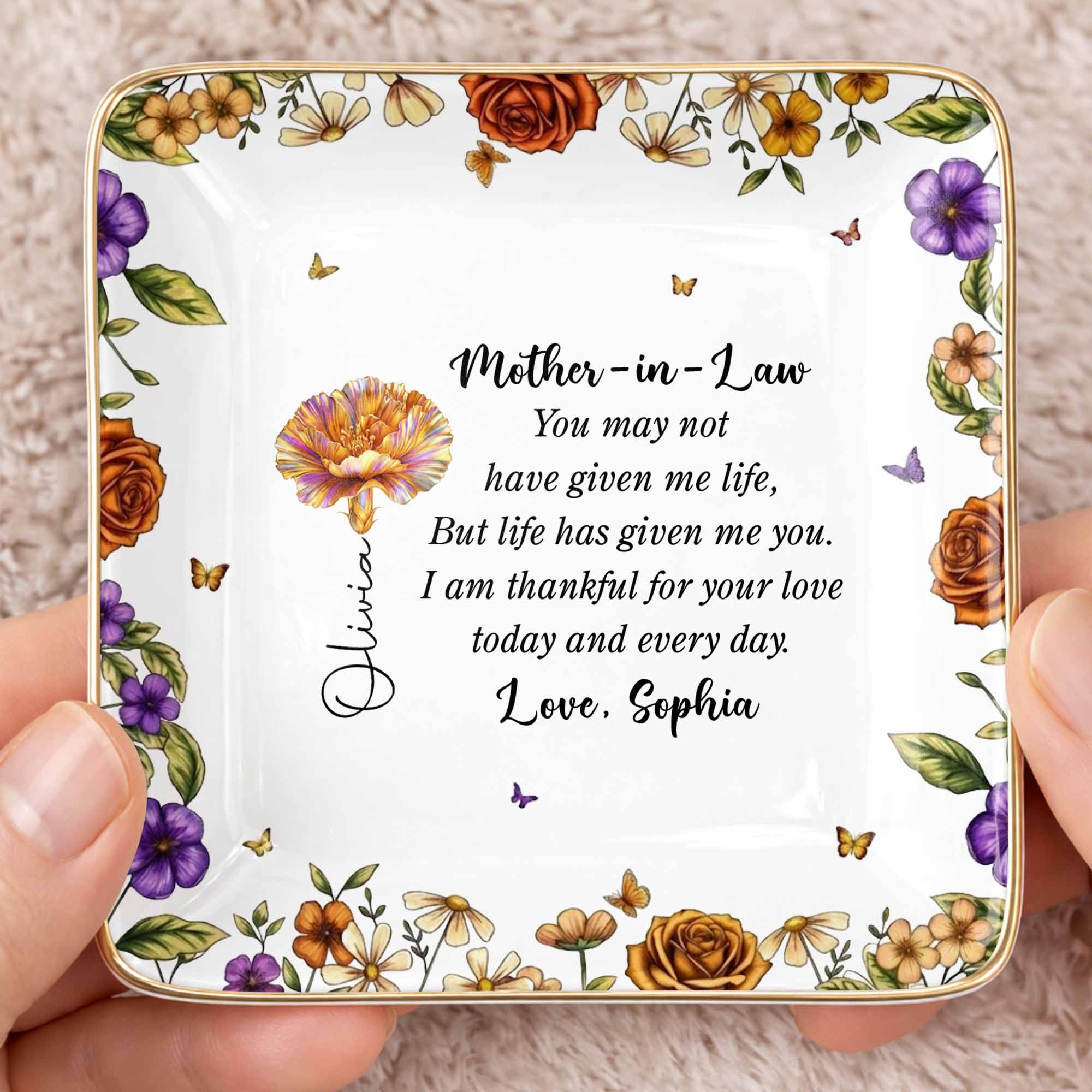 Thankful For Your Love Mother-In-Law, Flowers And Butterflies - Personalized Custom Jewelry Dish, Ceramic Dish, Square Shape - MOLA001_SCRF