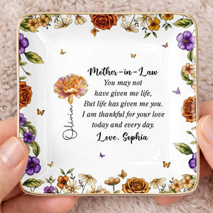 Thankful For Your Love Mother-In-Law, Flowers And Butterflies - Personalized Custom Jewelry Dish, Ceramic Dish, Square Shape - MOLA001_SCRF