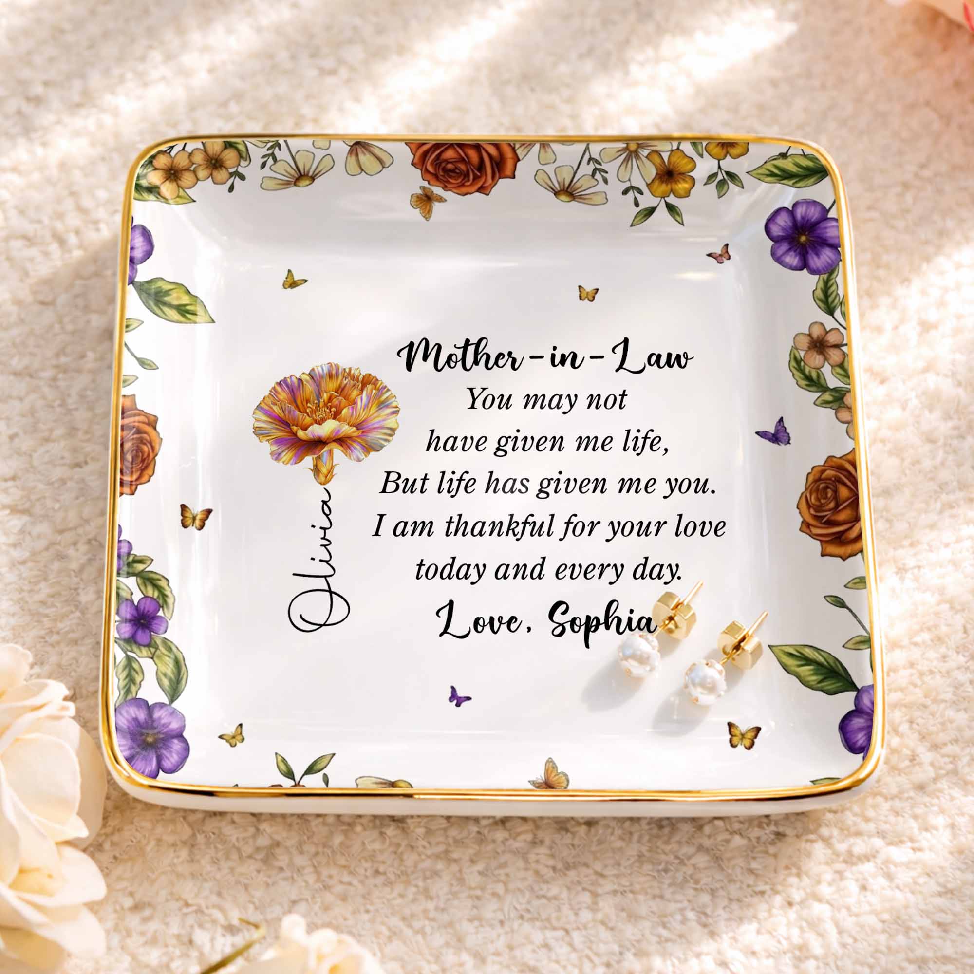 Thankful For Your Love Mother-In-Law, Flowers And Butterflies - Personalized Custom Jewelry Dish, Ceramic Dish, Square Shape - MOLA001_SCRF