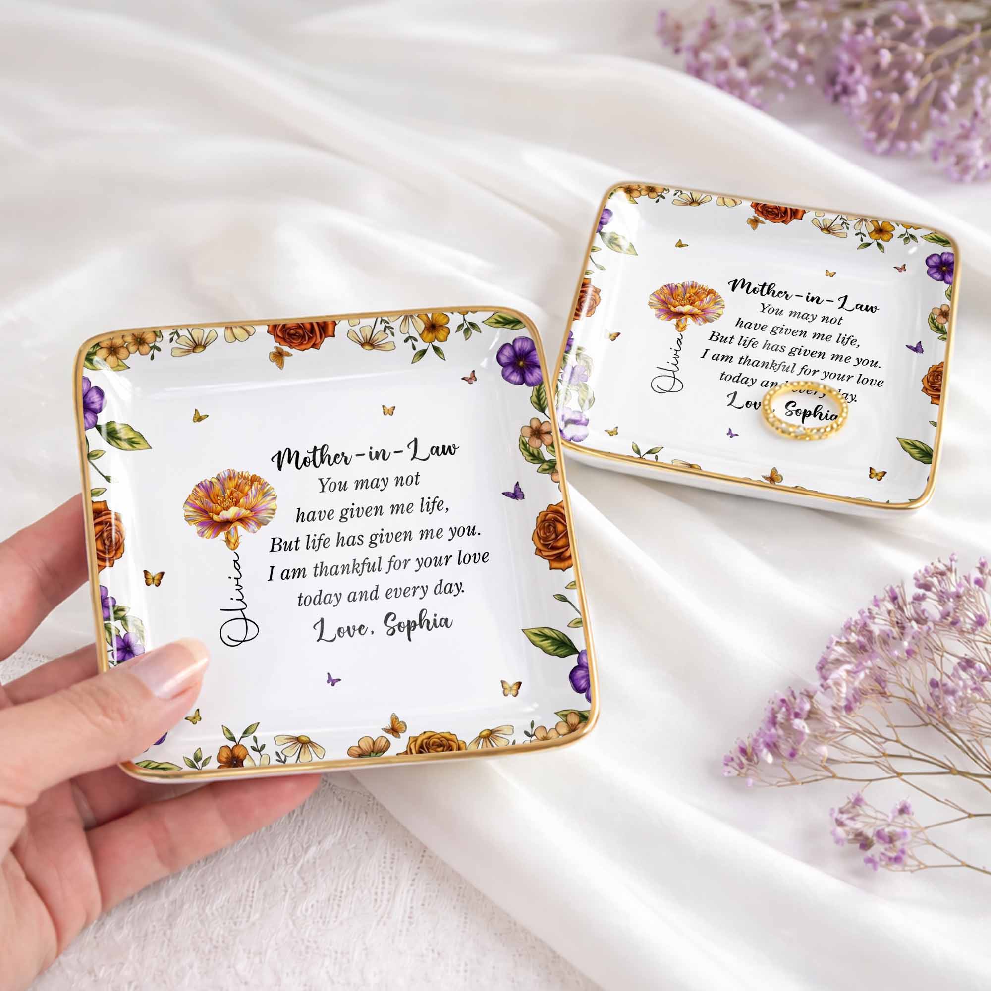 Thankful For Your Love Mother-In-Law, Flowers And Butterflies - Personalized Custom Jewelry Dish, Ceramic Dish, Square Shape - MOLA001_SCRF