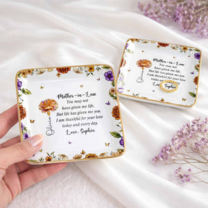Thankful For Your Love Mother-In-Law, Flowers And Butterflies - Personalized Custom Jewelry Dish, Ceramic Dish, Square Shape - MOLA001_SCRF