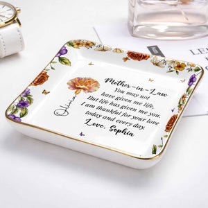 Thankful For Your Love Mother-In-Law, Flowers And Butterflies - Personalized Custom Jewelry Dish, Ceramic Dish, Square Shape - MOLA001_SCRF
