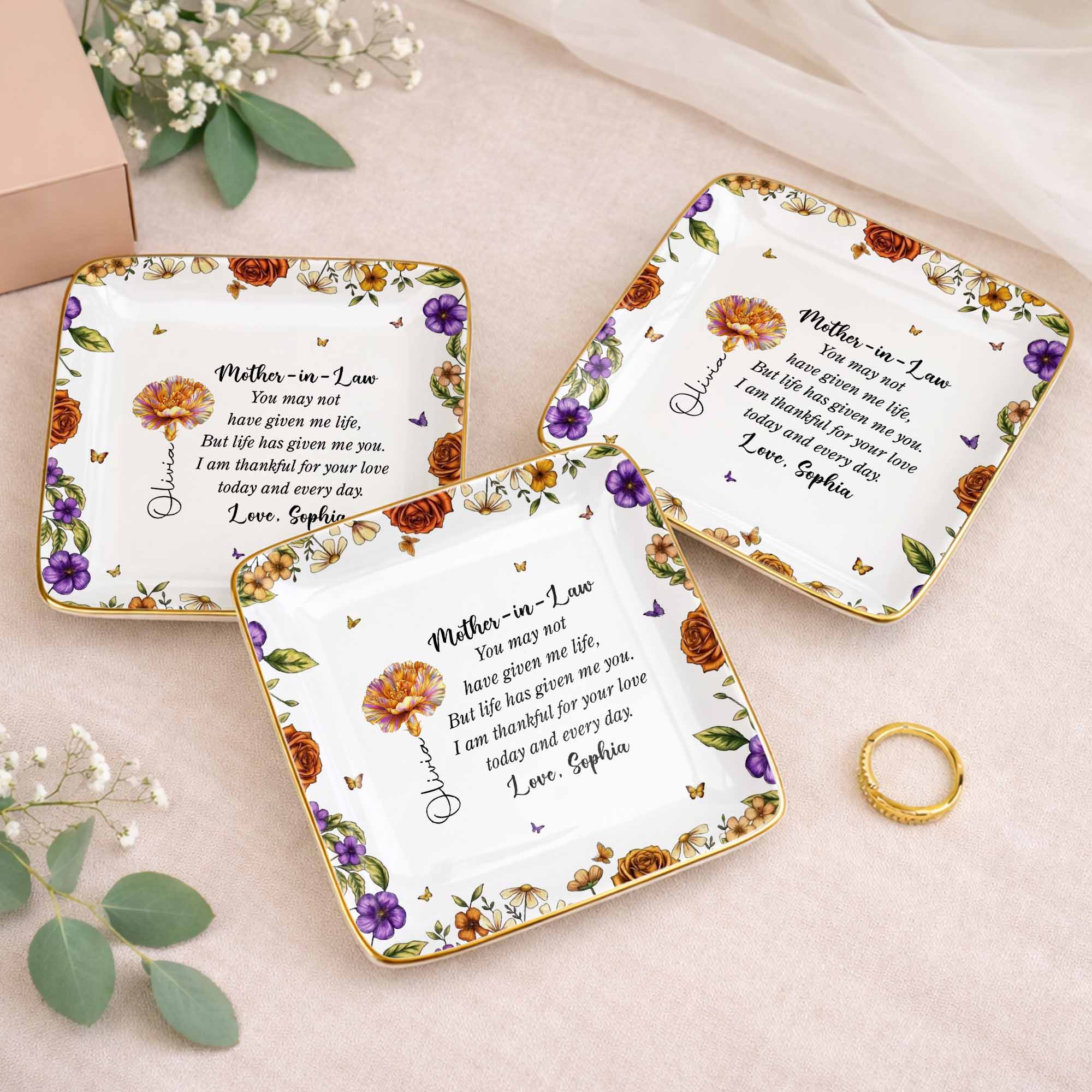 Thankful For Your Love Mother-In-Law, Flowers And Butterflies - Personalized Custom Jewelry Dish, Ceramic Dish, Square Shape - MOLA001_SCRF