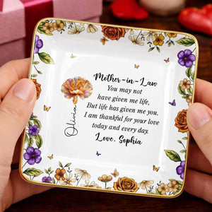 Thankful For Your Love Mother-In-Law, Flowers And Butterflies - Personalized Custom Jewelry Dish, Ceramic Dish, Square Shape - MOLA001_SCRF