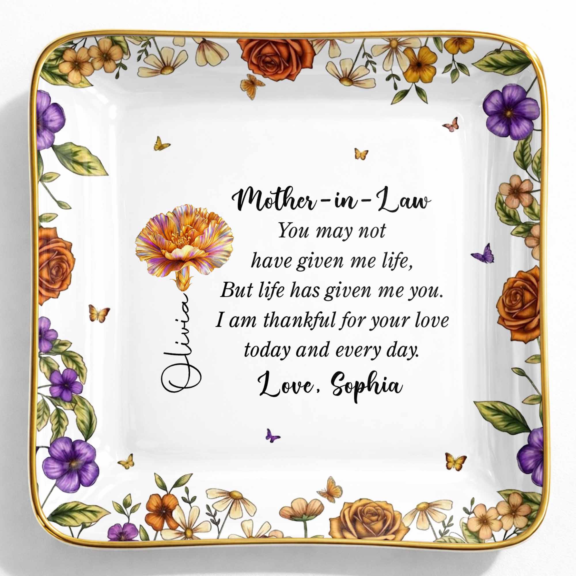 Thankful For Your Love Mother-In-Law, Flowers And Butterflies - Personalized Custom Jewelry Dish, Ceramic Dish, Square Shape - MOLA001_SCRF