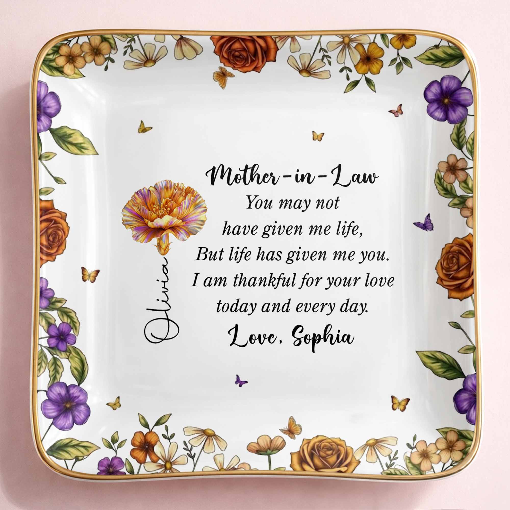 Thankful For Your Love Mother-In-Law, Flowers And Butterflies - Personalized Custom Jewelry Dish, Ceramic Dish, Square Shape - MOLA001_SCRF