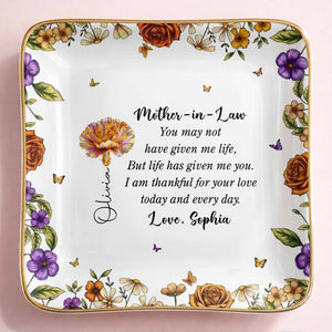 Thankful For Your Love Mother-In-Law, Flowers And Butterflies - Personalized Custom Jewelry Dish, Ceramic Dish, Square Shape - MOLA001_SCRF