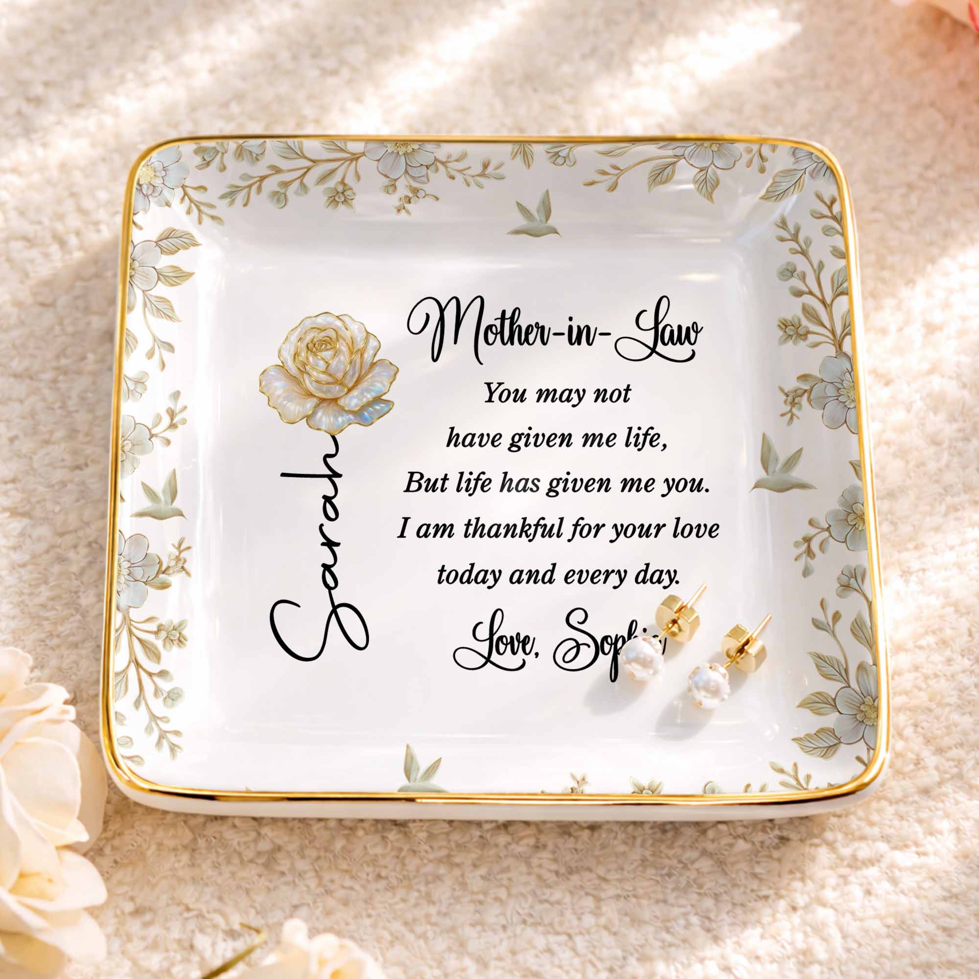 Mother In Law You May Not Have Given Me Life Flower And Bird Jewelry Dish - Personalized Custom Jewelry Dish, Ceramic Dish, Square Shape - MOLA004_SCRF