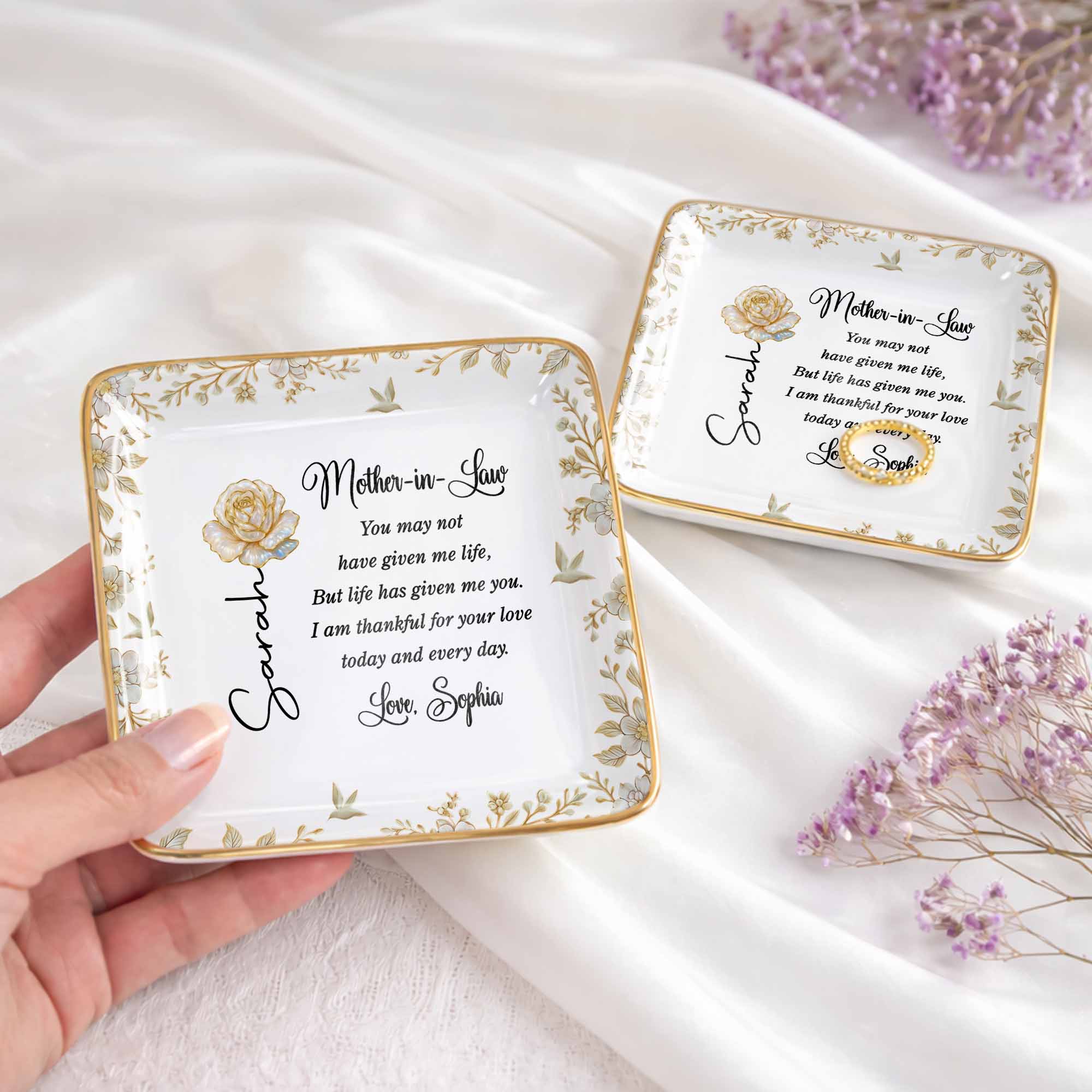 Mother In Law You May Not Have Given Me Life Flower And Bird Jewelry Dish - Personalized Custom Jewelry Dish, Ceramic Dish, Square Shape - MOLA004_SCRF