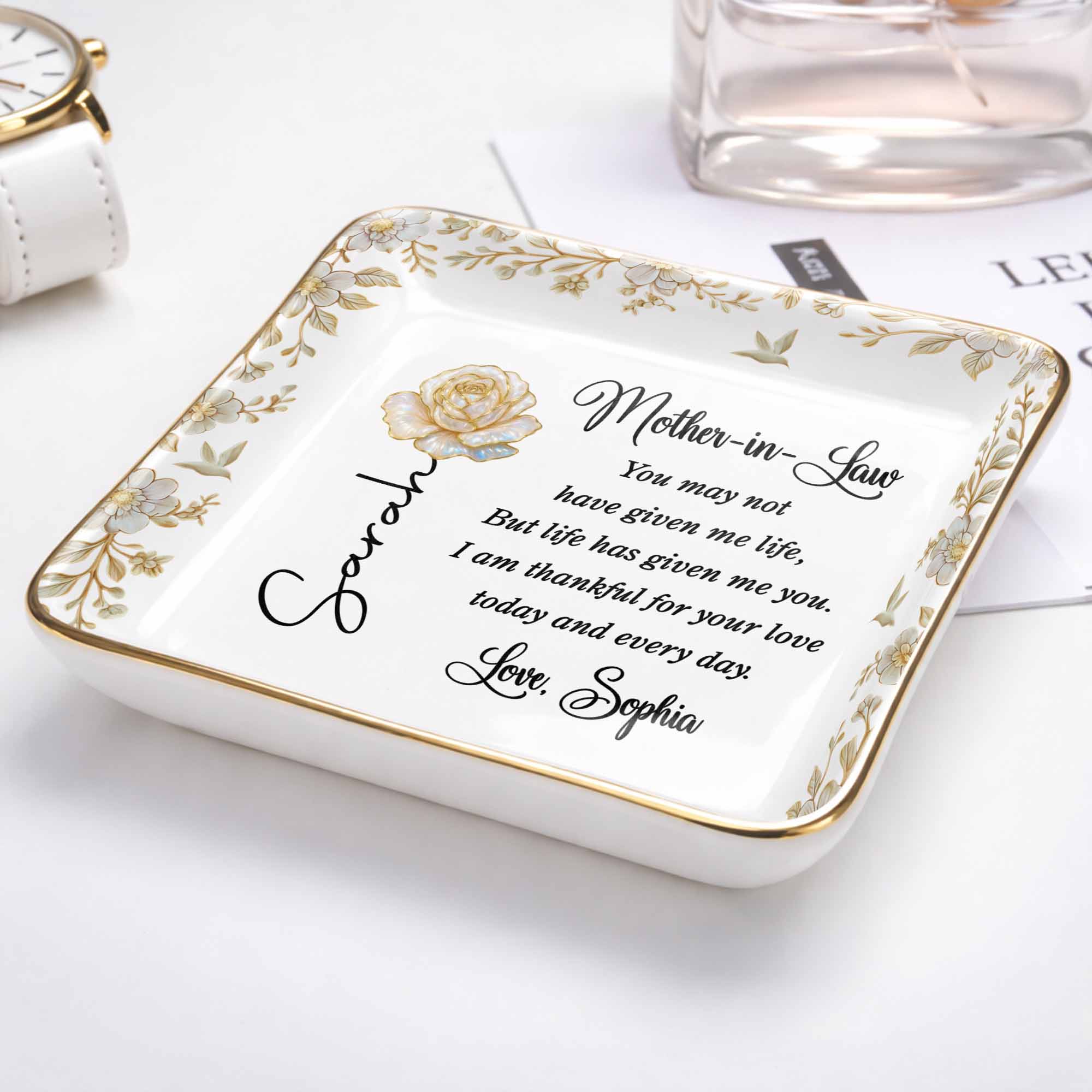 Mother In Law You May Not Have Given Me Life Flower And Bird Jewelry Dish - Personalized Custom Jewelry Dish, Ceramic Dish, Square Shape - MOLA004_SCRF