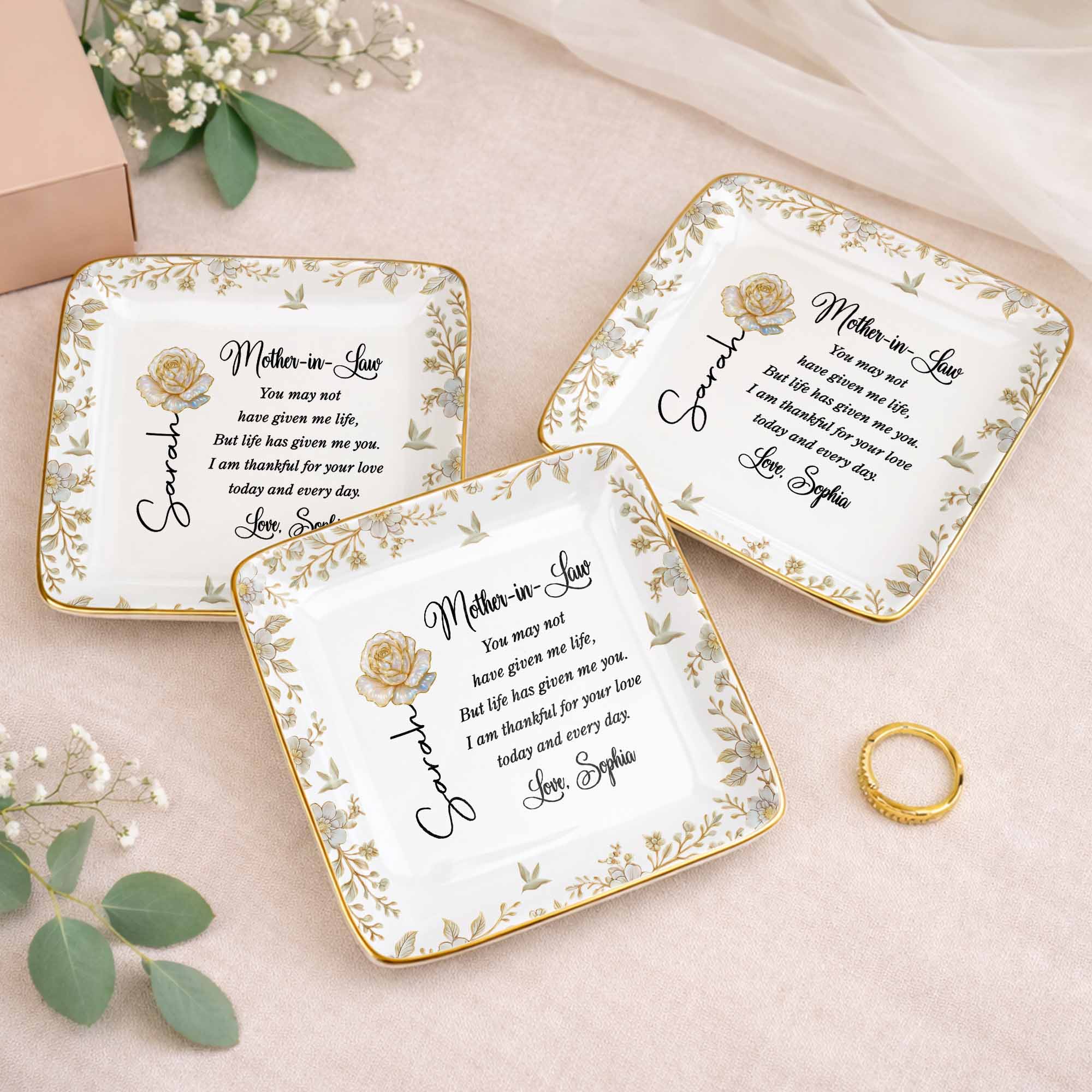 Mother In Law You May Not Have Given Me Life Flower And Bird Jewelry Dish - Personalized Custom Jewelry Dish, Ceramic Dish, Square Shape - MOLA004_SCRF
