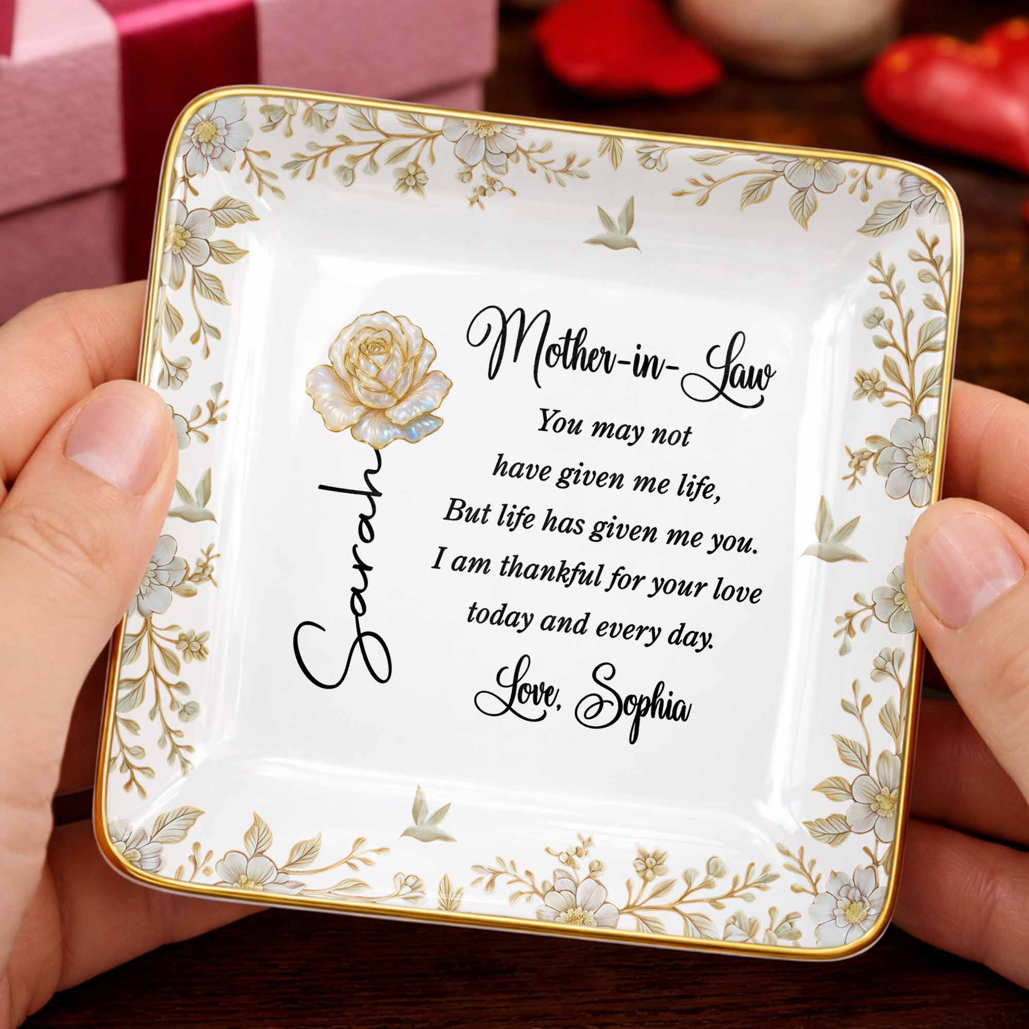 Mother In Law You May Not Have Given Me Life Flower And Bird Jewelry Dish - Personalized Custom Jewelry Dish, Ceramic Dish, Square Shape - MOLA004_SCRF
